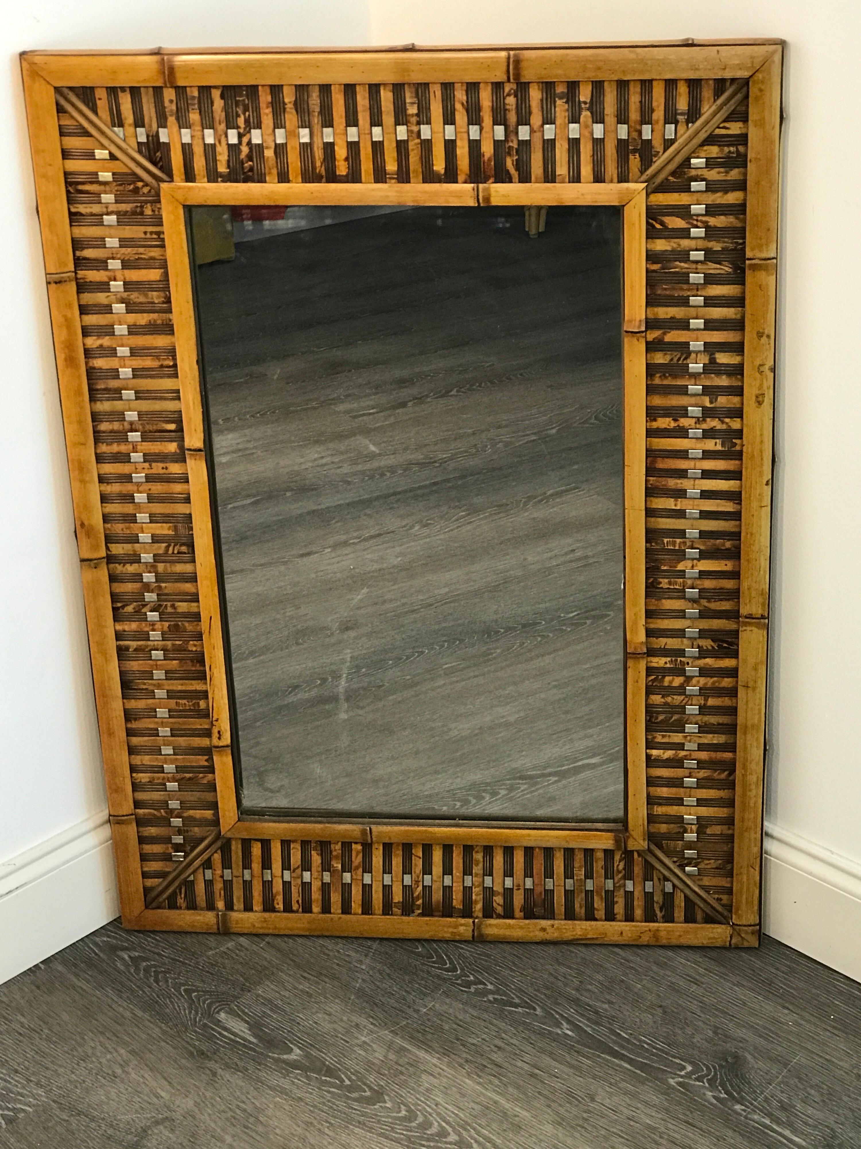 20th Century Midcentury Bamboo and Inset Chrome Mirror