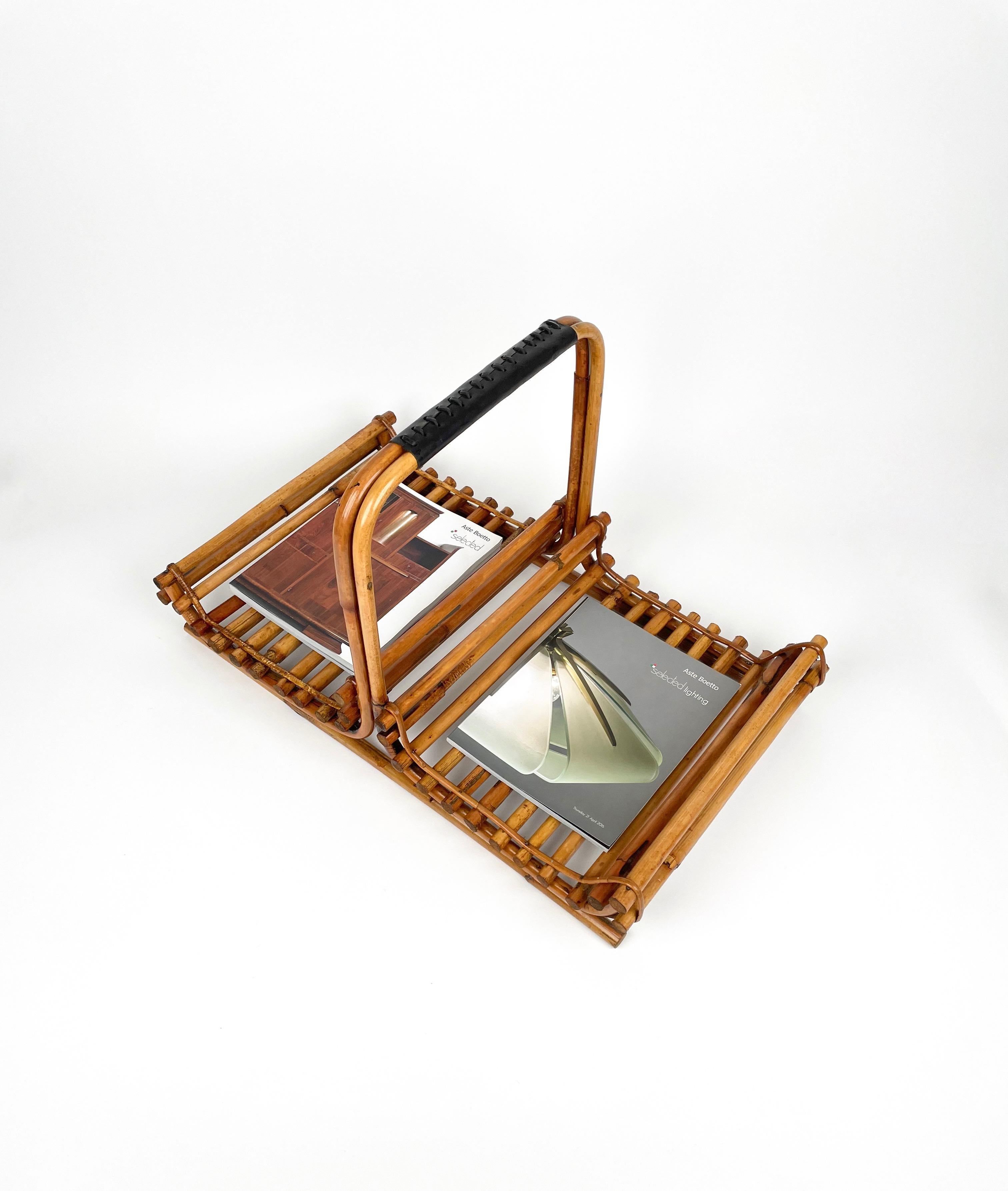 Midcentury Bamboo and Leather Magazine Rack, Italy, 1960s For Sale 4