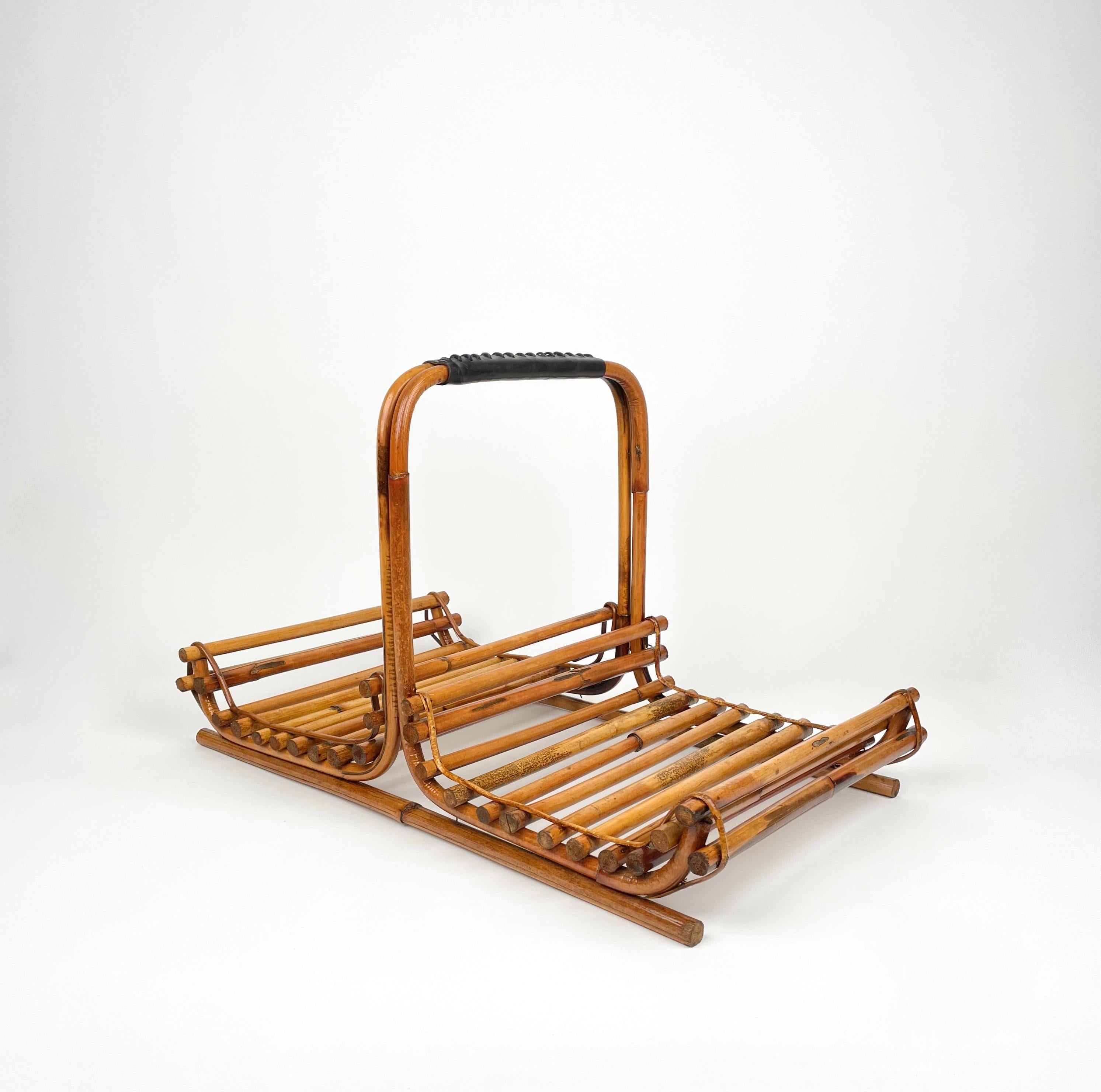 Mid-Century Modern Midcentury Bamboo and Leather Magazine Rack, Italy, 1960s For Sale