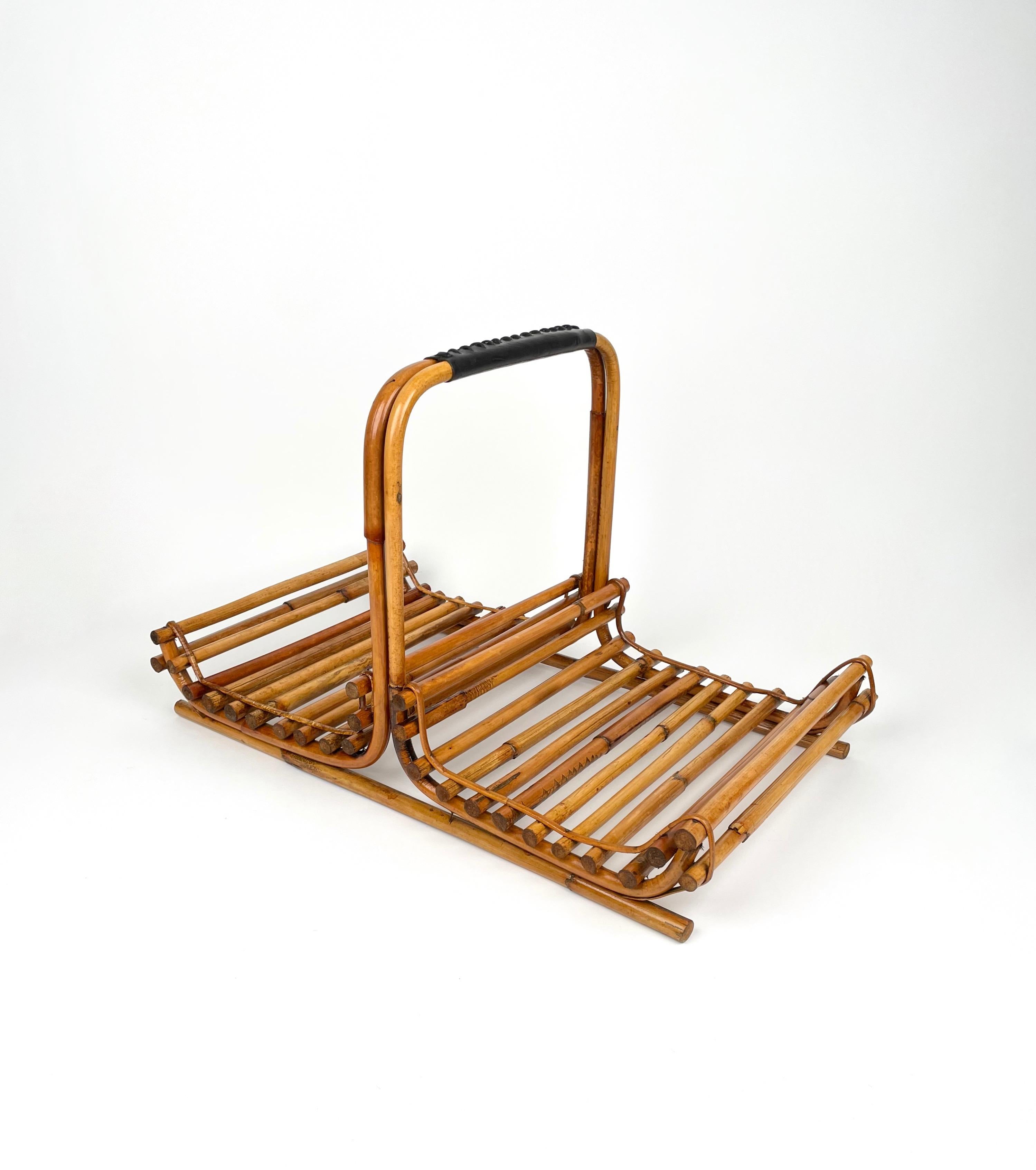 Italian Midcentury Bamboo and Leather Magazine Rack, Italy, 1960s For Sale