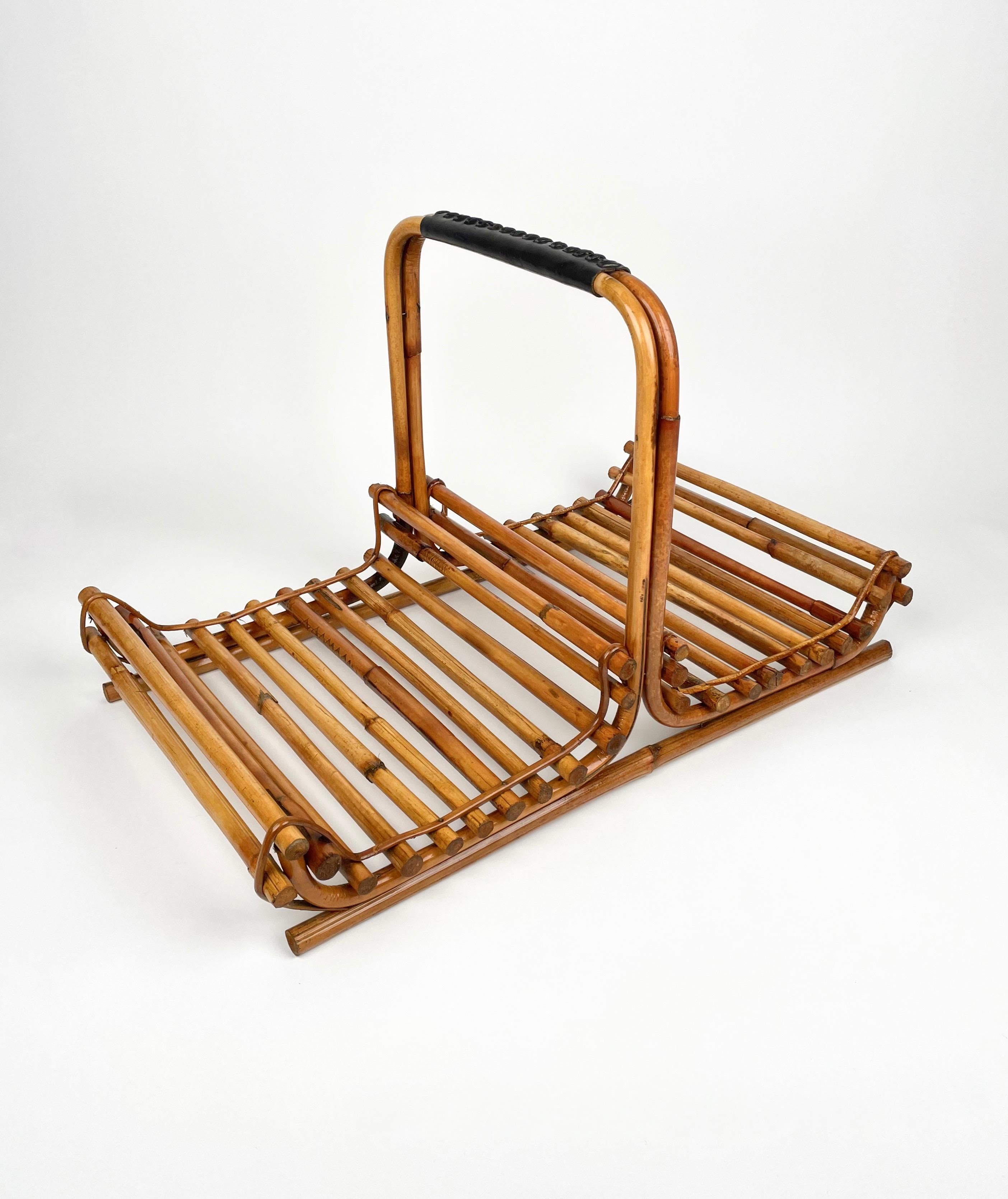 Mid-20th Century Midcentury Bamboo and Leather Magazine Rack, Italy, 1960s For Sale