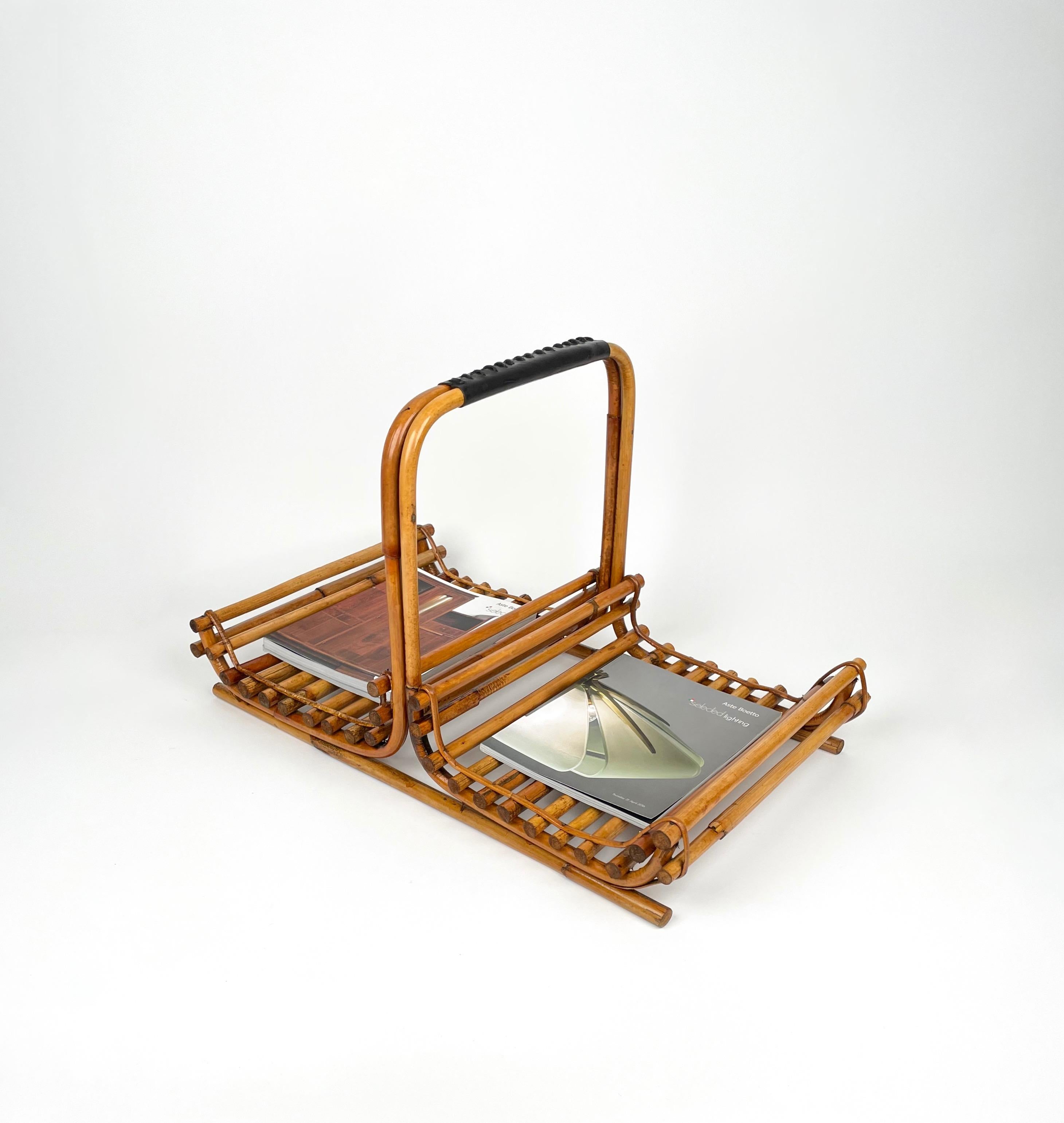 Midcentury Bamboo and Leather Magazine Rack, Italy, 1960s For Sale 2