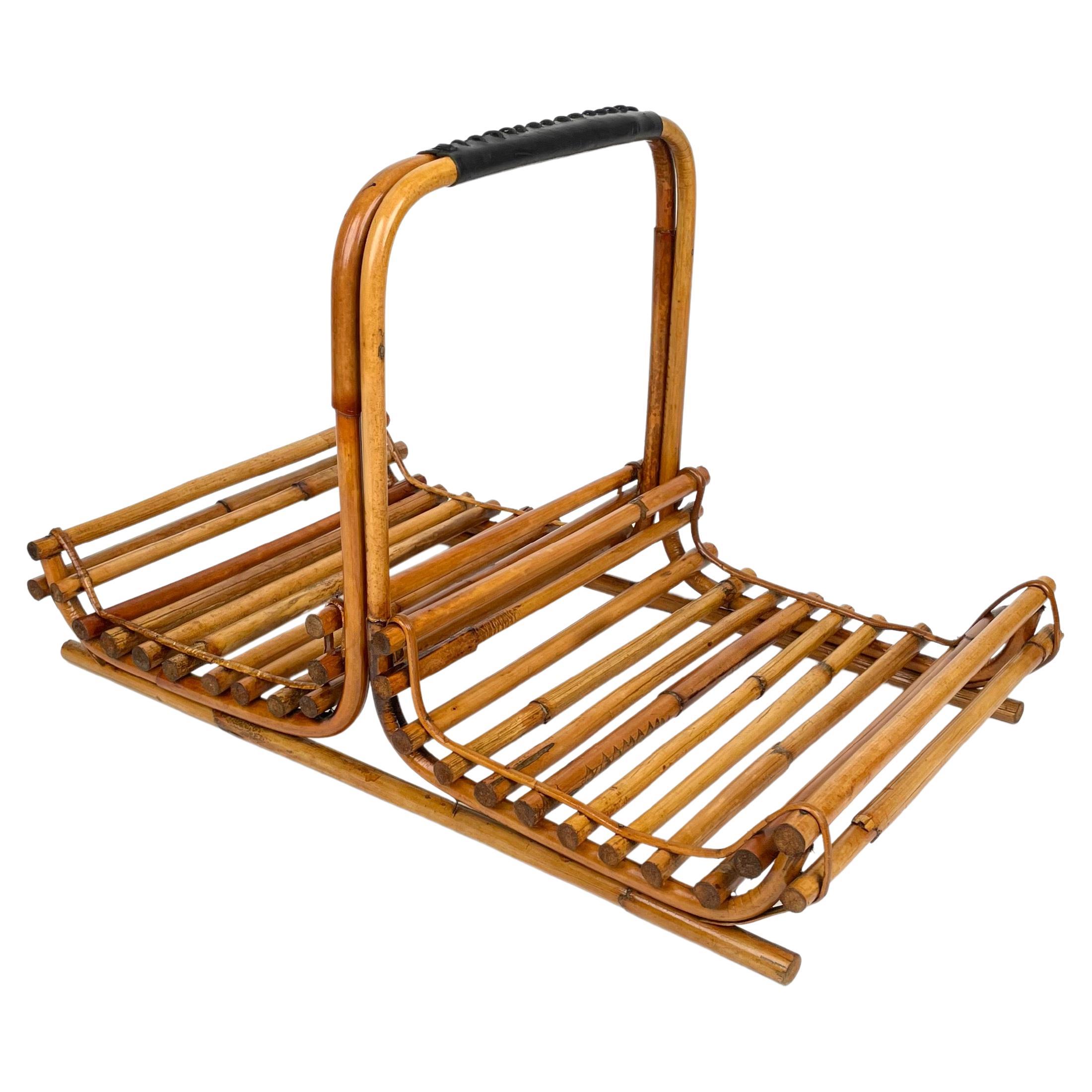 Midcentury Bamboo and Leather Magazine Rack, Italy, 1960s