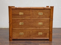 Midcentury Bamboo and Mahogany Chest of Drawers with Campaign-Style Brass Pulls