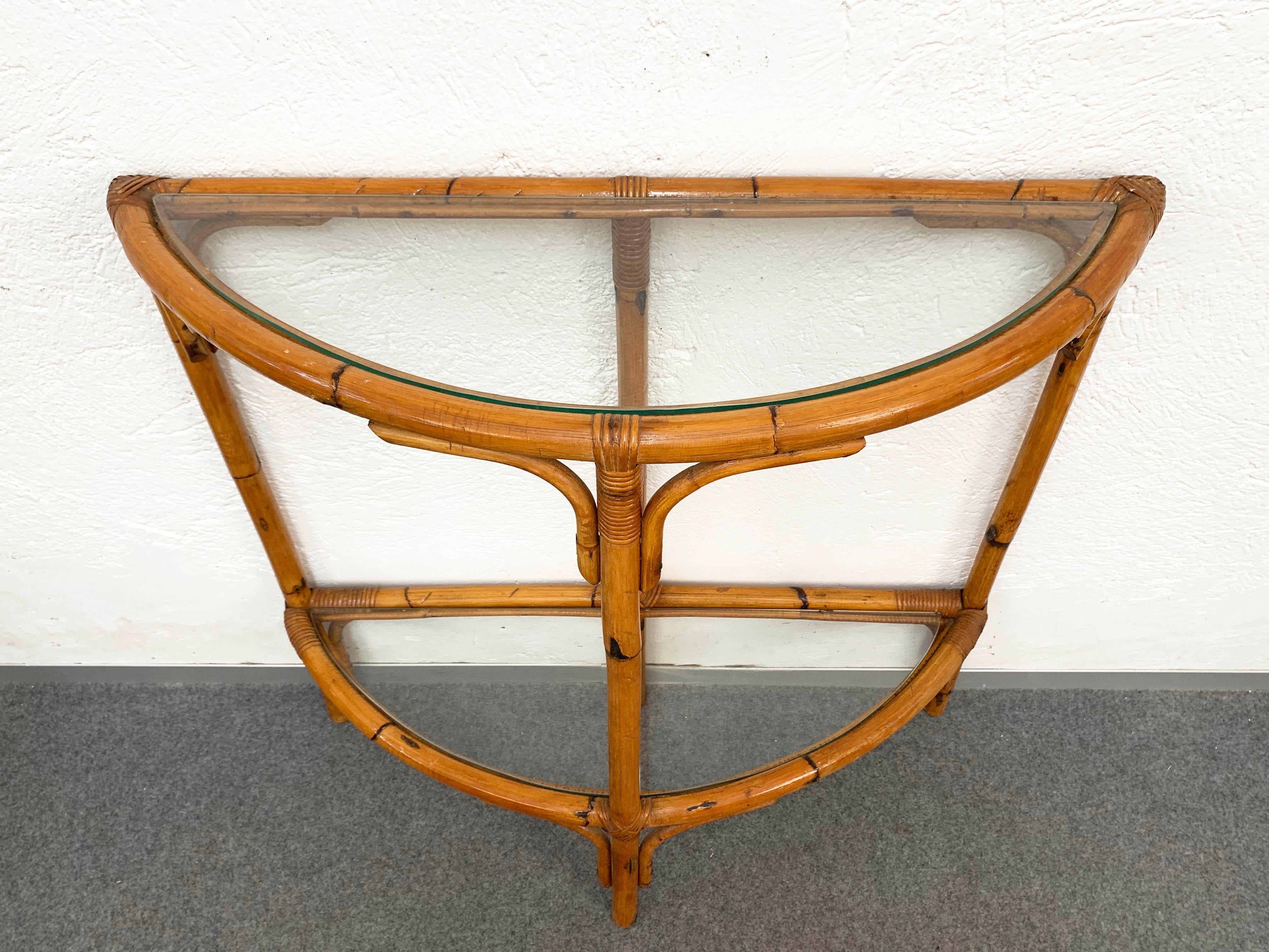 Italian Midcentury Bamboo and Rattan Arched Console in the Style of Albini, 1970s