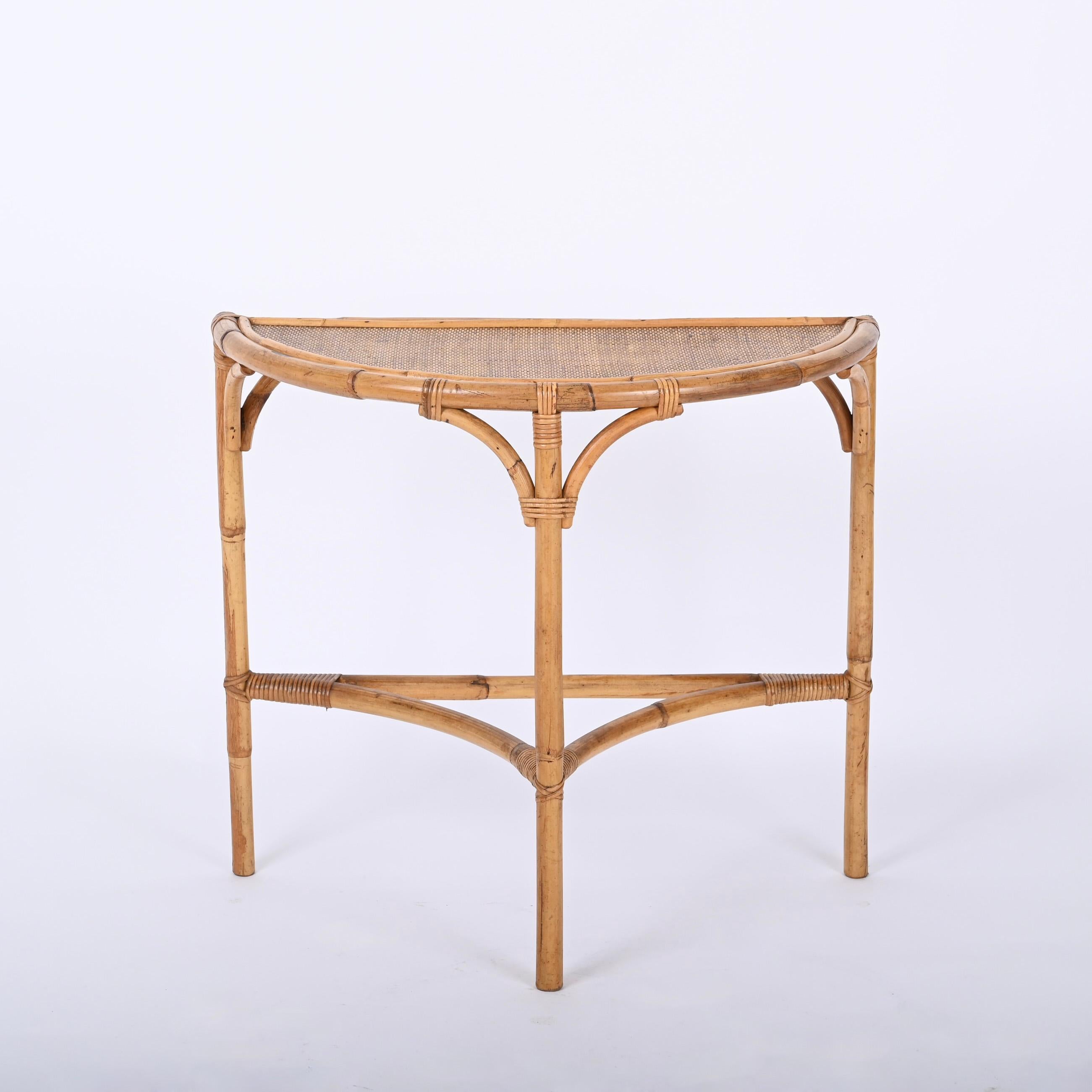 Italian Midcentury Bamboo and Rattan Arched Console in the Style of Albini, 1970s