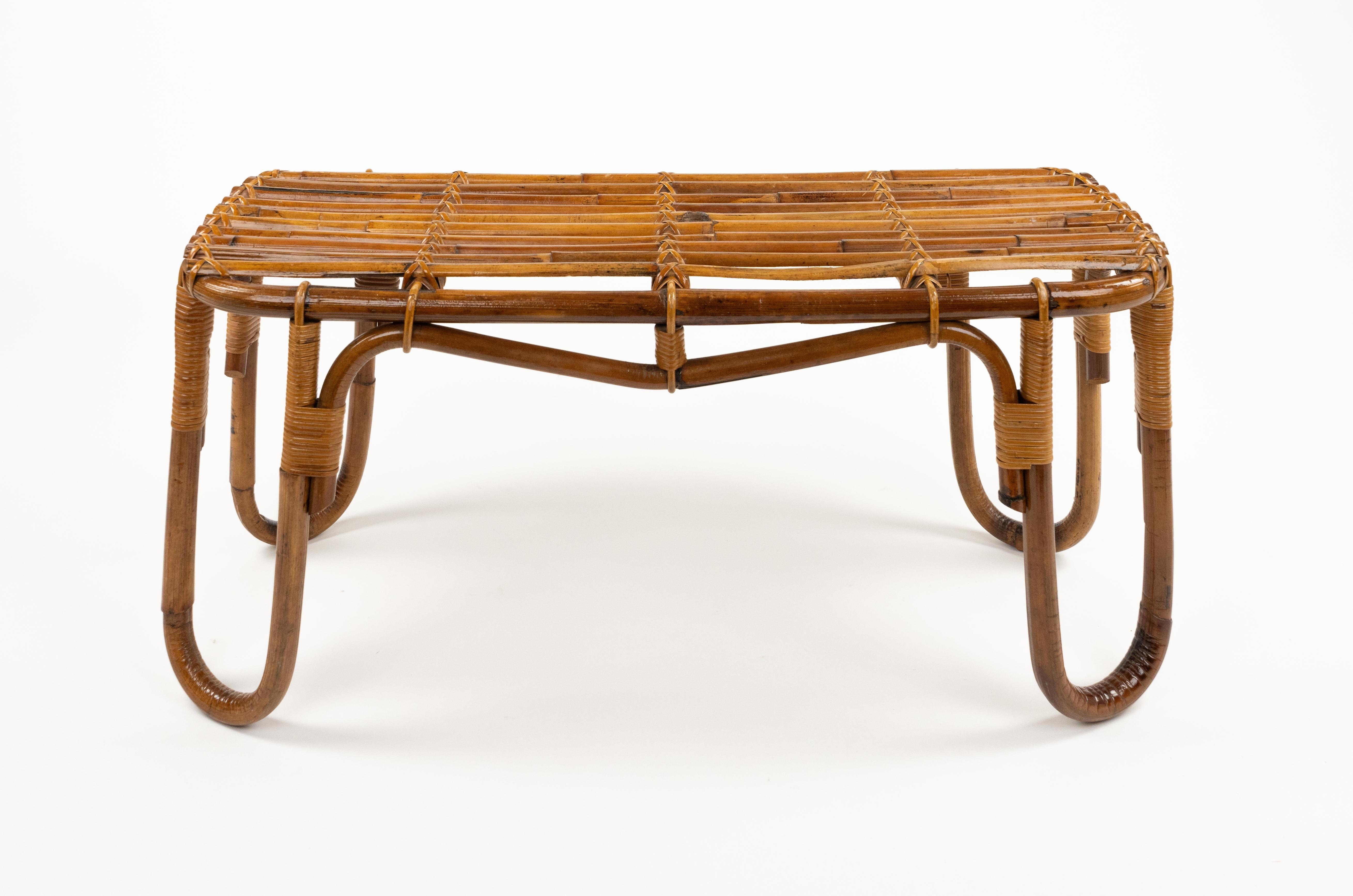 Midcentury Bamboo and Rattan Bench or Side Table Tito Agnoli Style, Italy 1970s 5