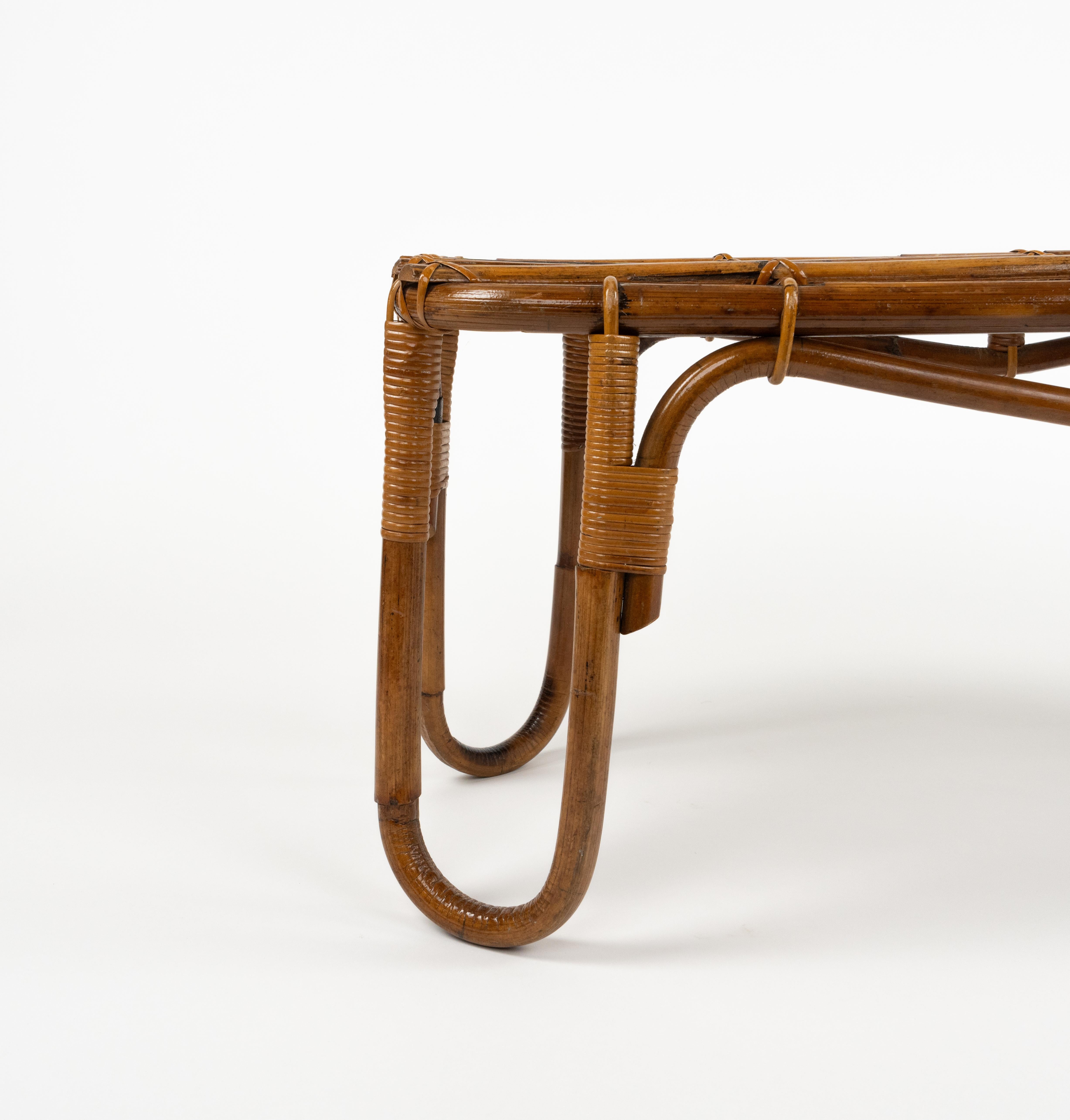 Midcentury Bamboo and Rattan Bench or Side Table Tito Agnoli Style, Italy 1970s 6
