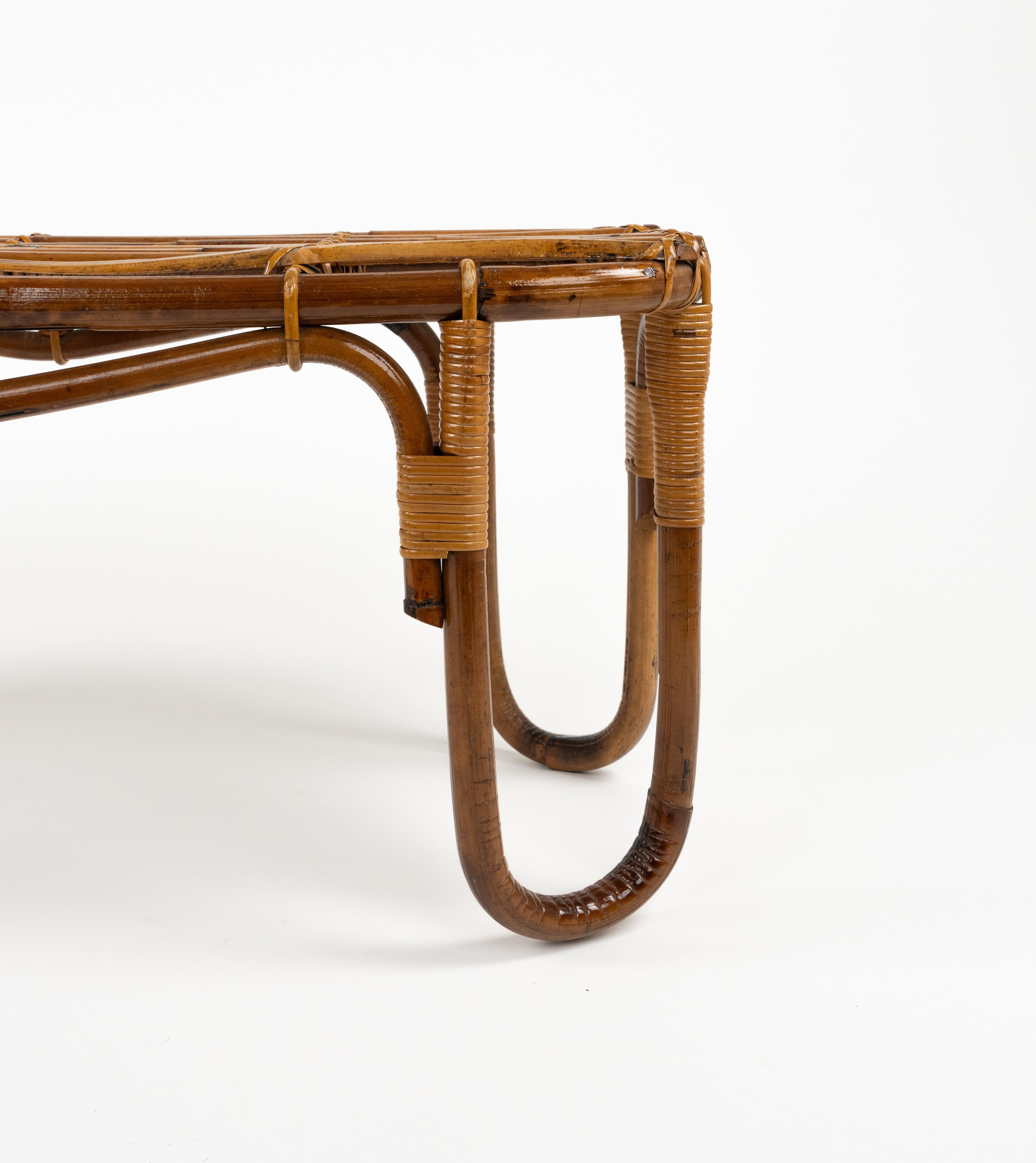 Midcentury Bamboo and Rattan Bench or Side Table Tito Agnoli Style, Italy 1970s 8