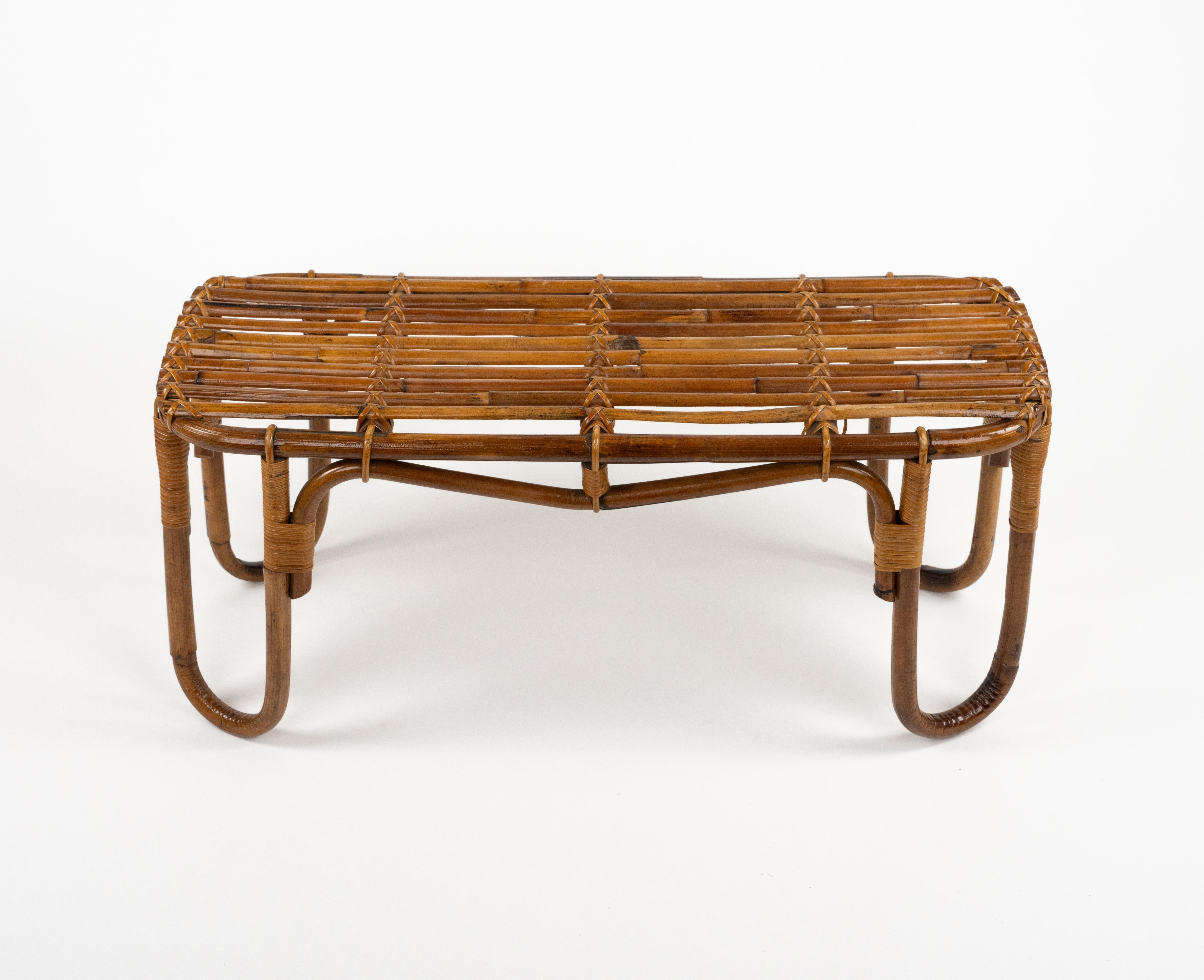 Midcentury Bamboo and Rattan Bench or Side Table Tito Agnoli Style, Italy 1970s 9