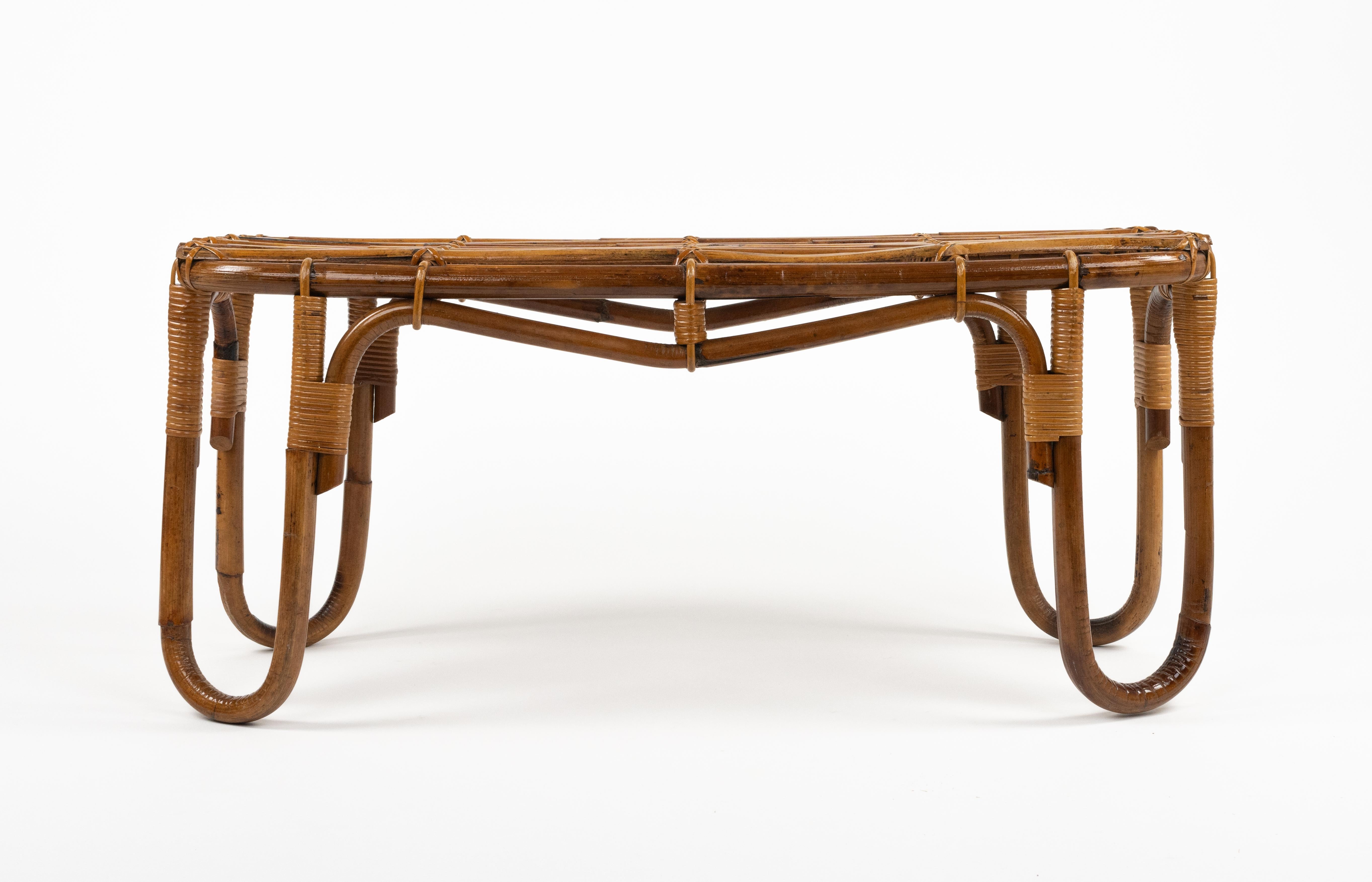 Mid-Century Modern Midcentury Bamboo and Rattan Bench or Side Table Tito Agnoli Style, Italy 1970s