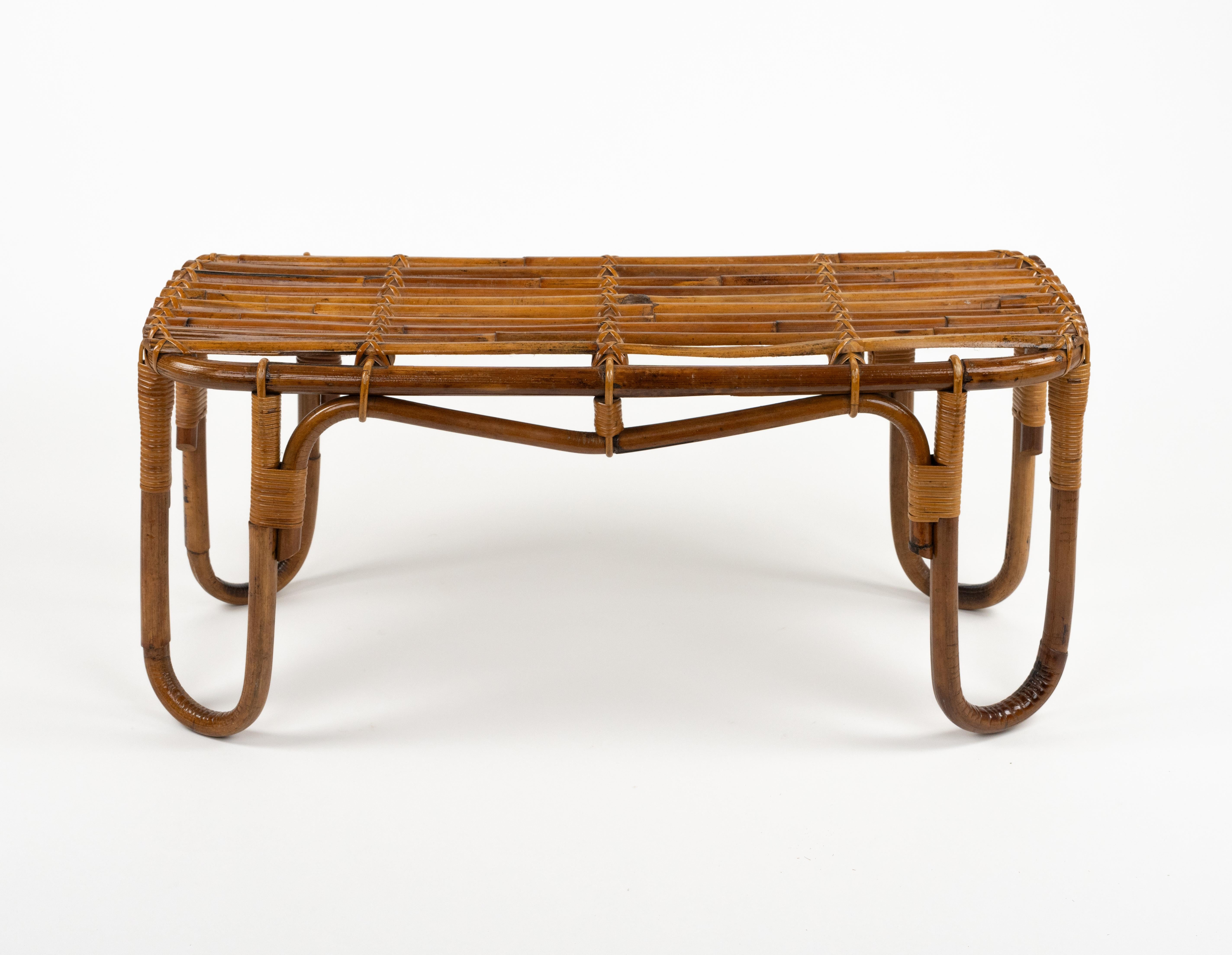 Italian Midcentury Bamboo and Rattan Bench or Side Table Tito Agnoli Style, Italy 1970s