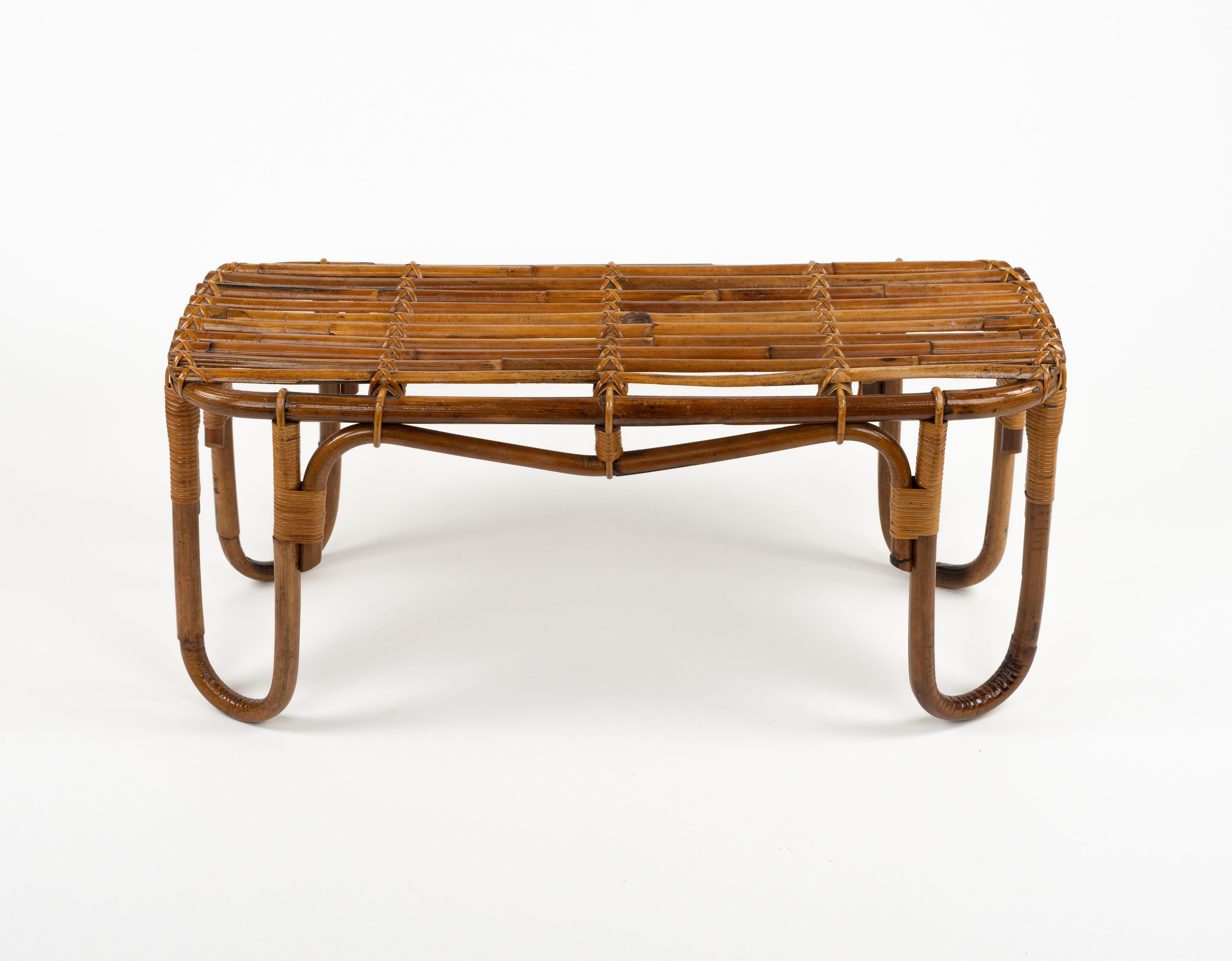 Midcentury Bamboo and Rattan Bench or Side Table Tito Agnoli Style, Italy 1970s In Good Condition In Rome, IT