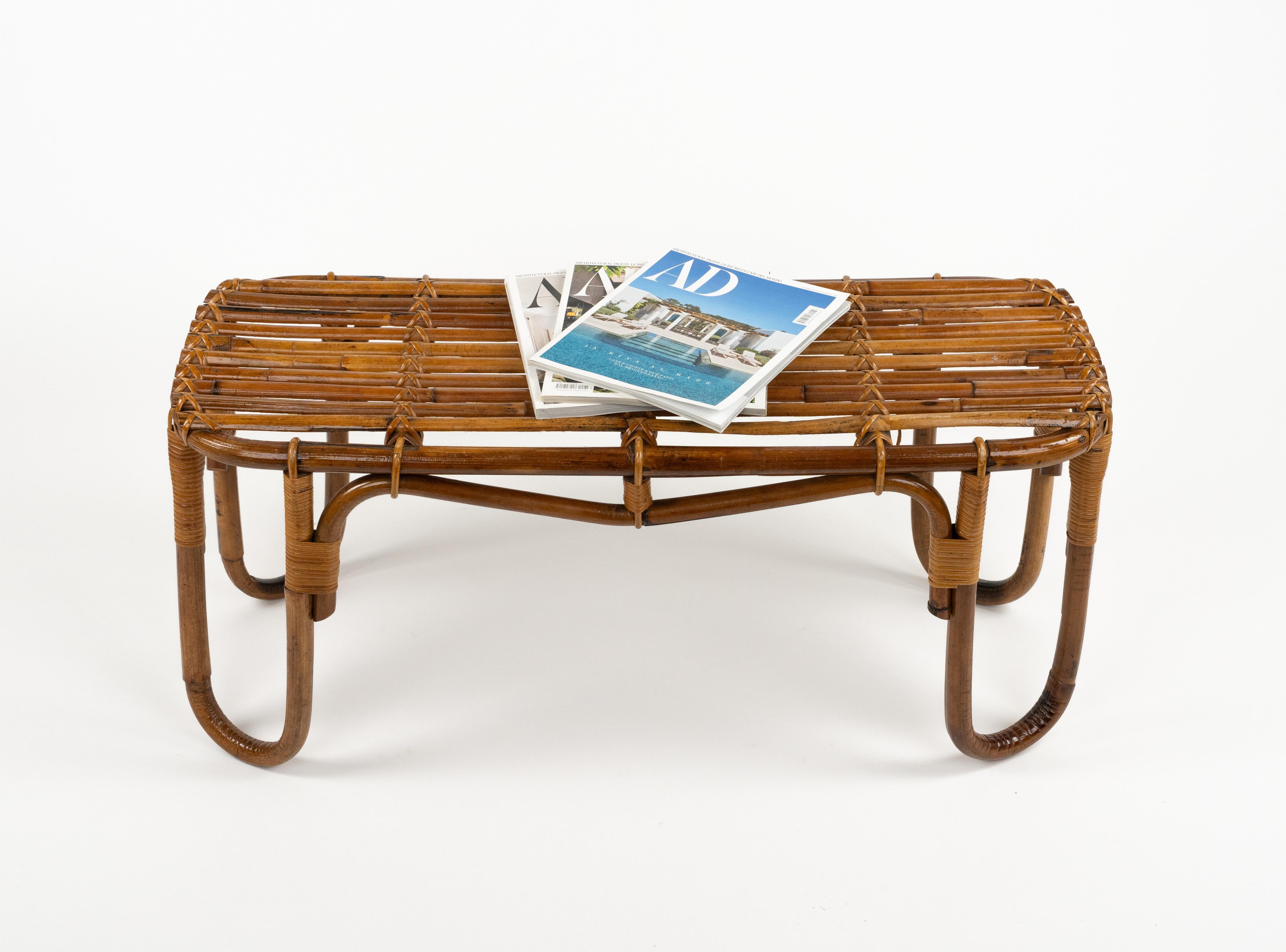Late 20th Century Midcentury Bamboo and Rattan Bench or Side Table Tito Agnoli Style, Italy 1970s