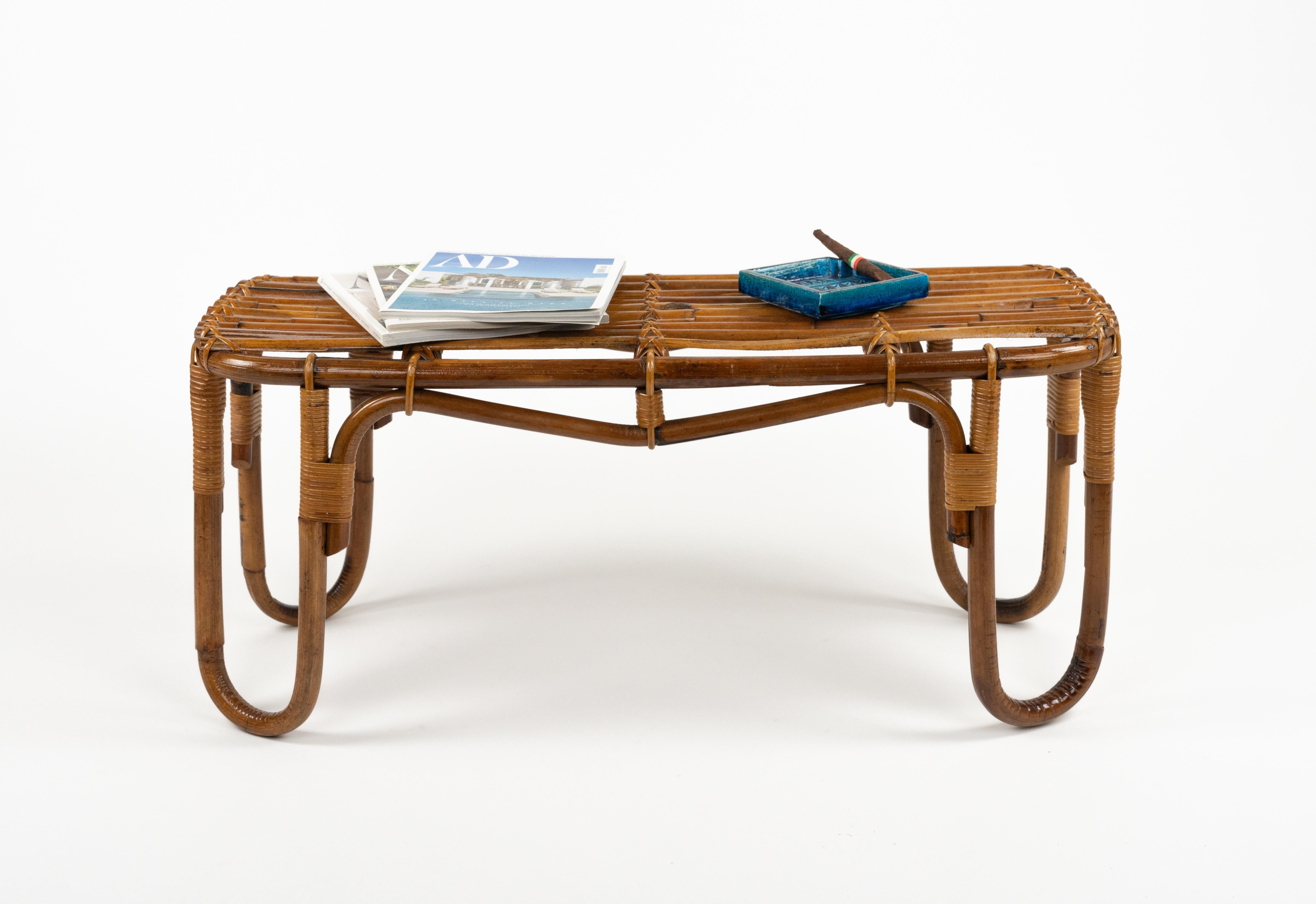 Midcentury Bamboo and Rattan Bench or Side Table Tito Agnoli Style, Italy 1970s 1