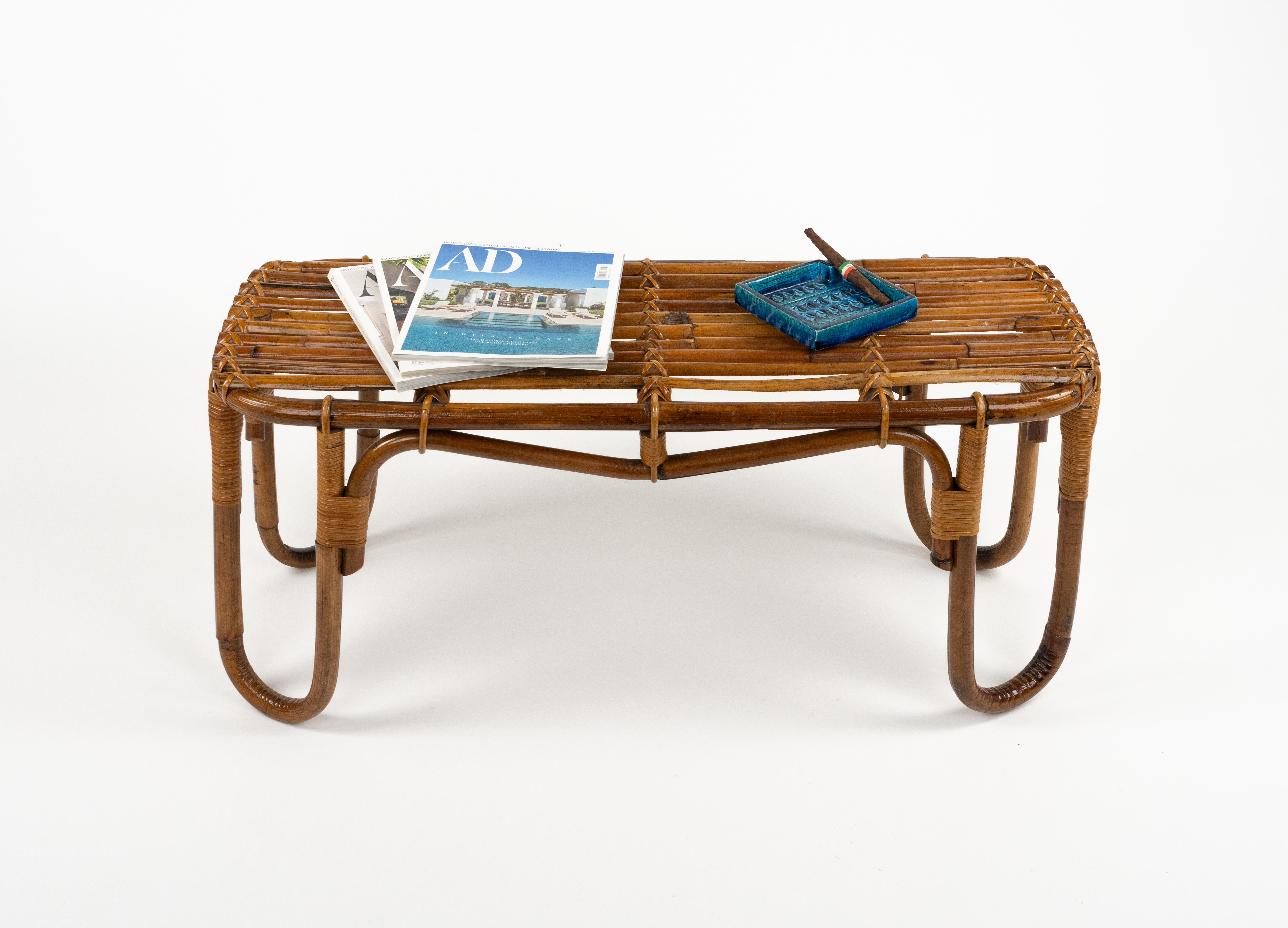 Midcentury Bamboo and Rattan Bench or Side Table Tito Agnoli Style, Italy 1970s 2