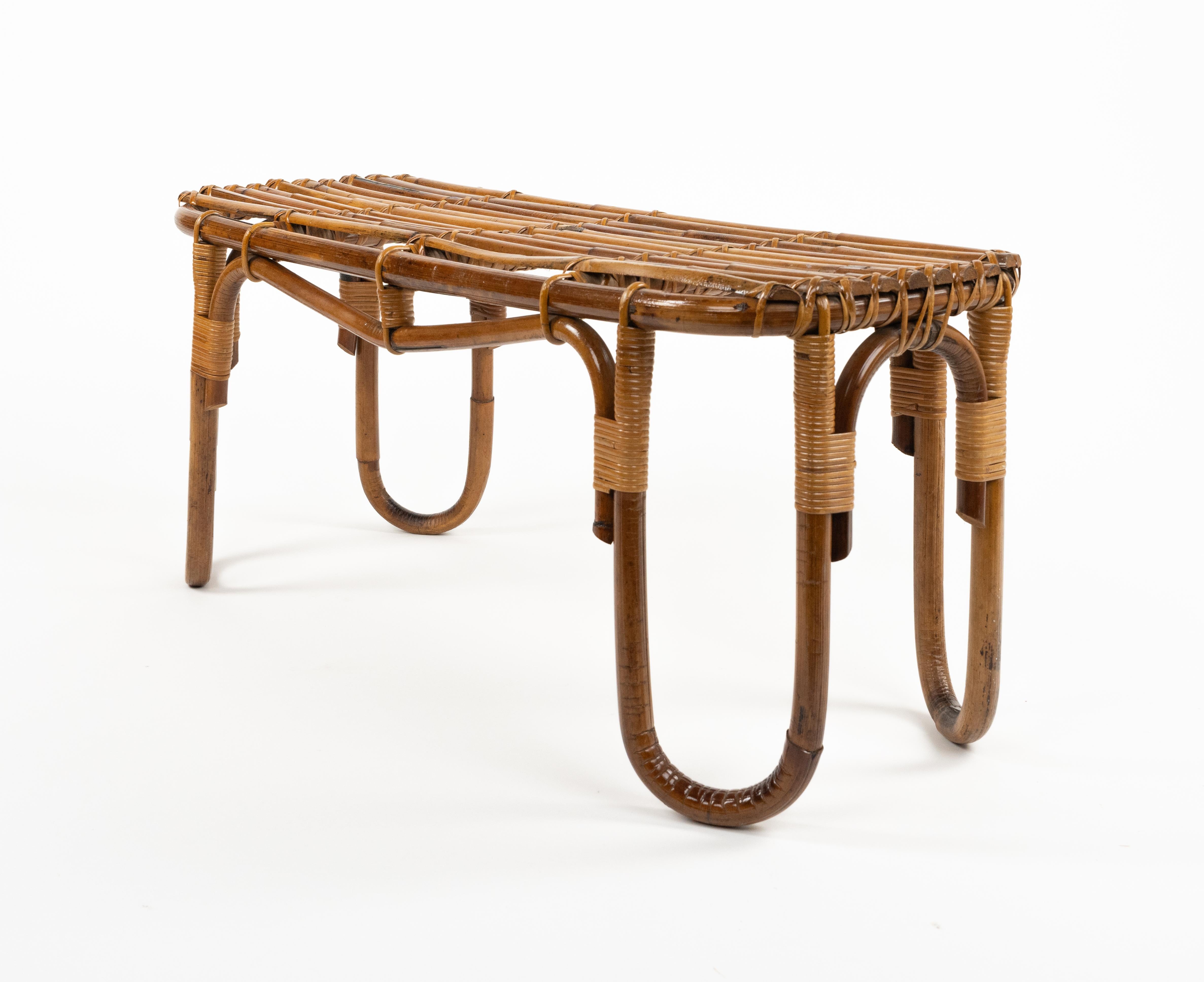 Midcentury Bamboo and Rattan Bench or Side Table Tito Agnoli Style, Italy 1970s 3