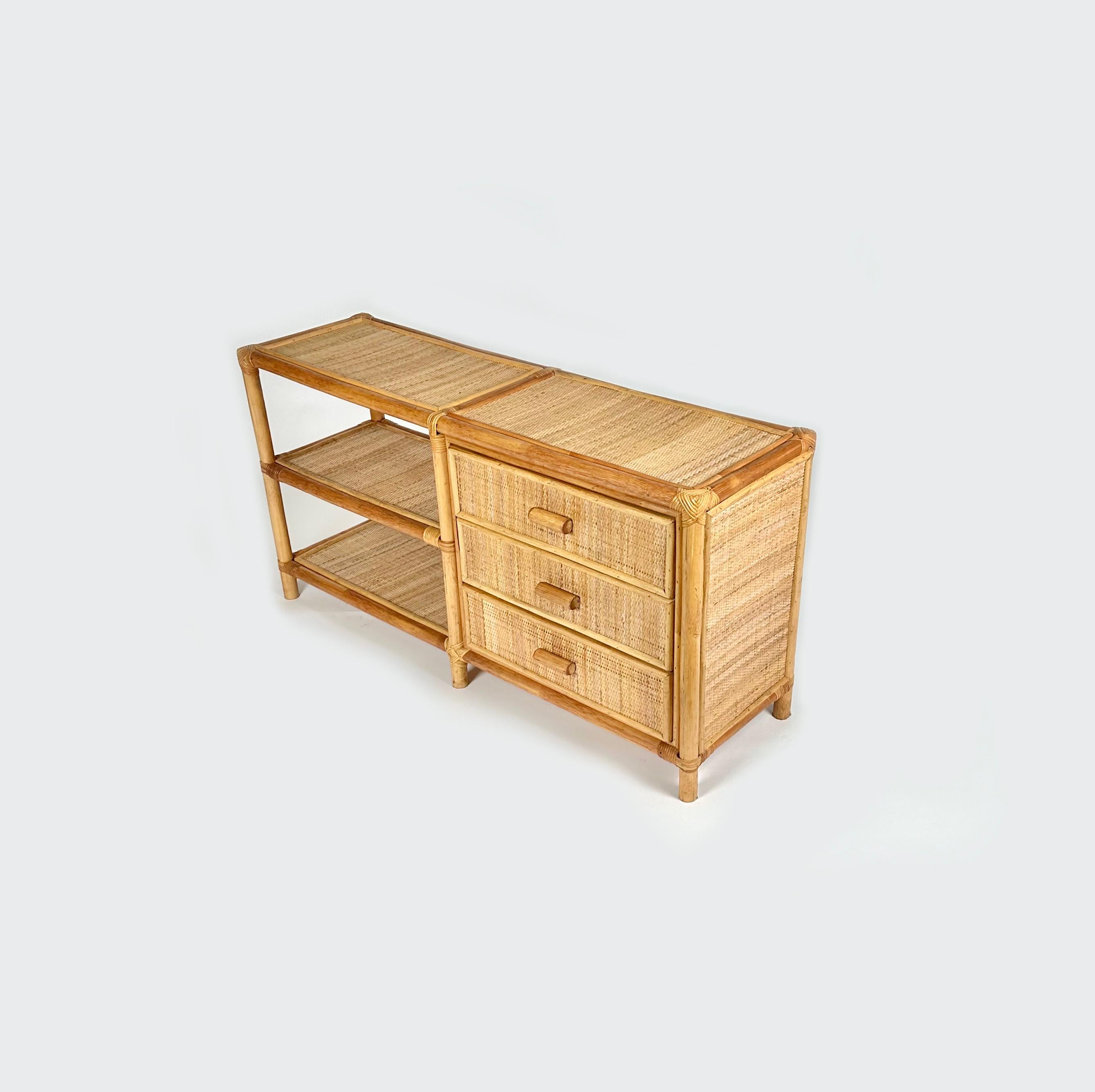 Mid-Century Modern Midcentury Bamboo and Rattan Cabinet Sideboard whit Drawers, Italy 1970s For Sale