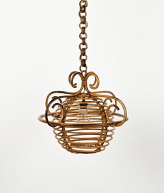 Midcentury Bamboo and Rattan Chandelier Louis Sognot Style, Italy 1960s