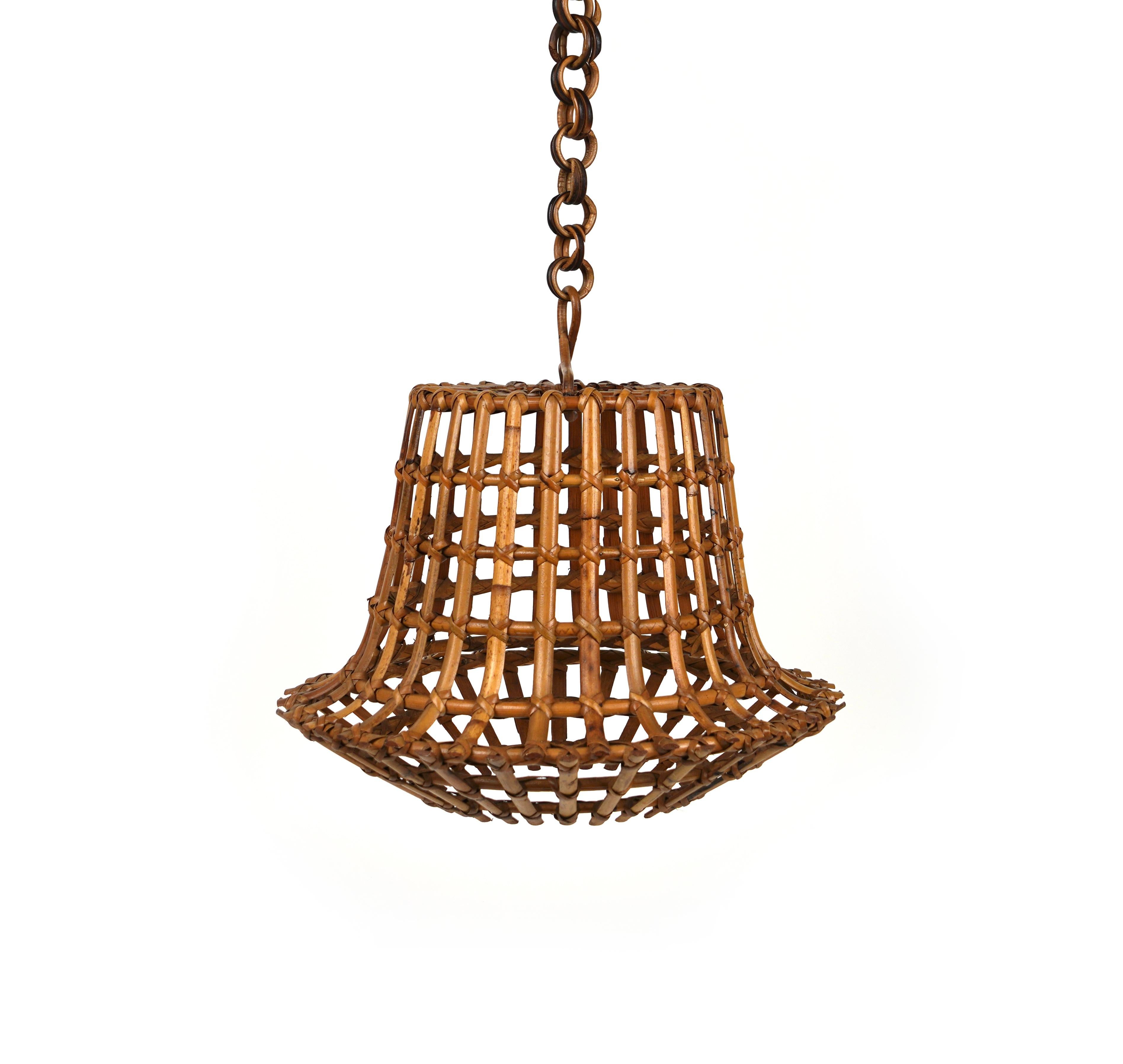 Midcentury Bamboo and Rattan Chandelier Louis Sognot Style, Italy 1960s 1
