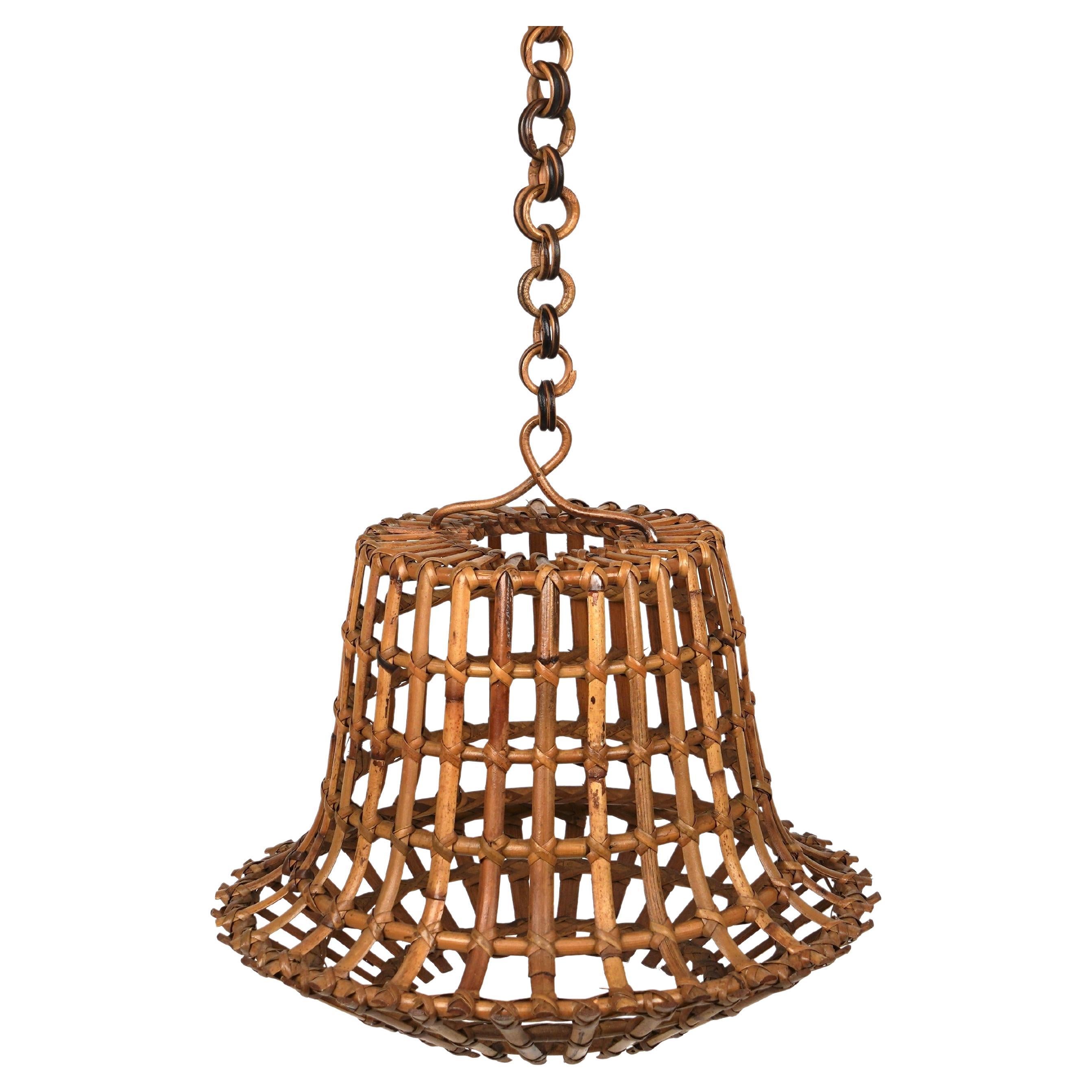 Midcentury Bamboo and Rattan Chandelier Louis Sognot Style, Italy 1960s For Sale