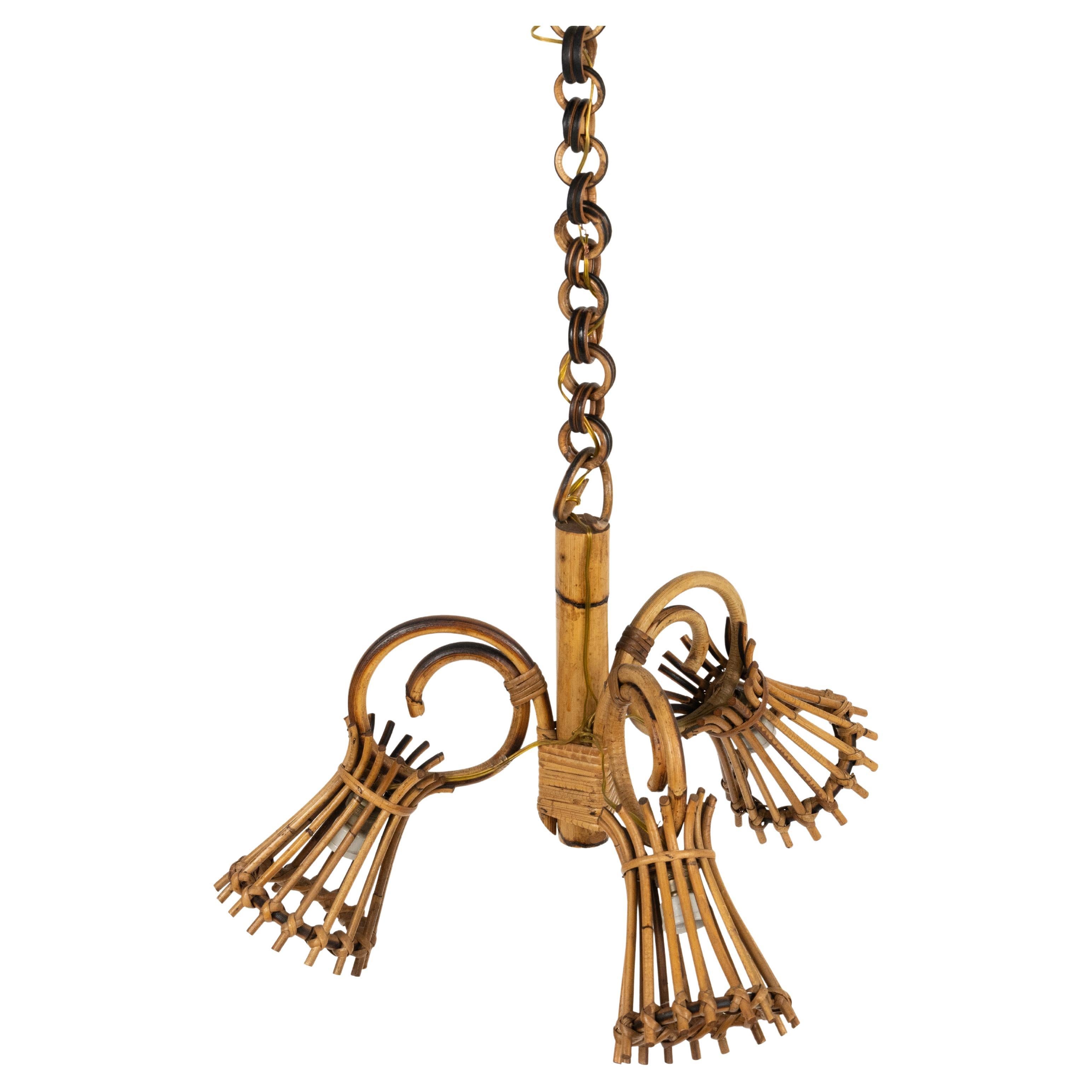 Midcentury Bamboo and Rattan Chandelier Louis Sognot Style, Italy 1960s