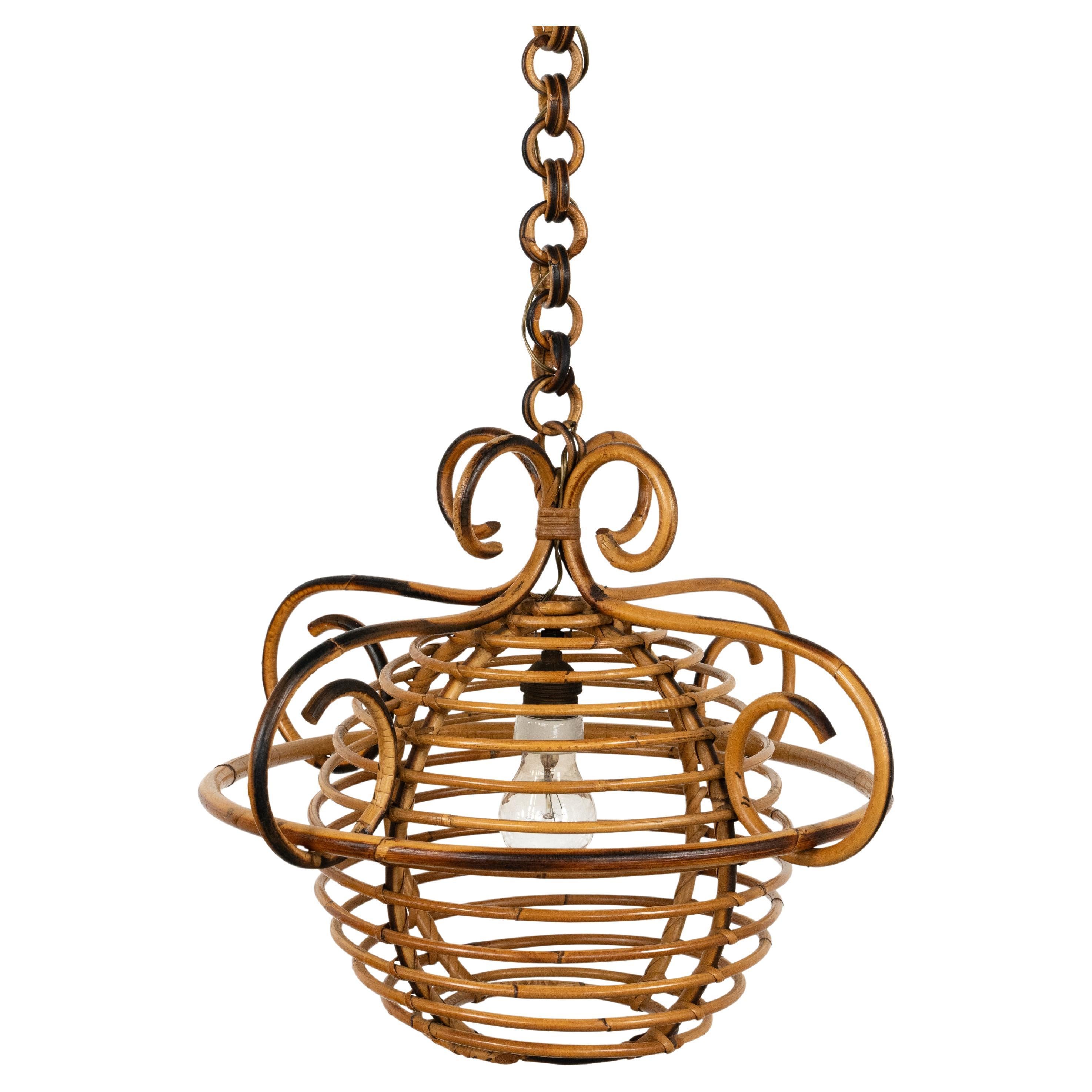 Midcentury Bamboo and Rattan Chandelier Louis Sognot Style, Italy 1960s