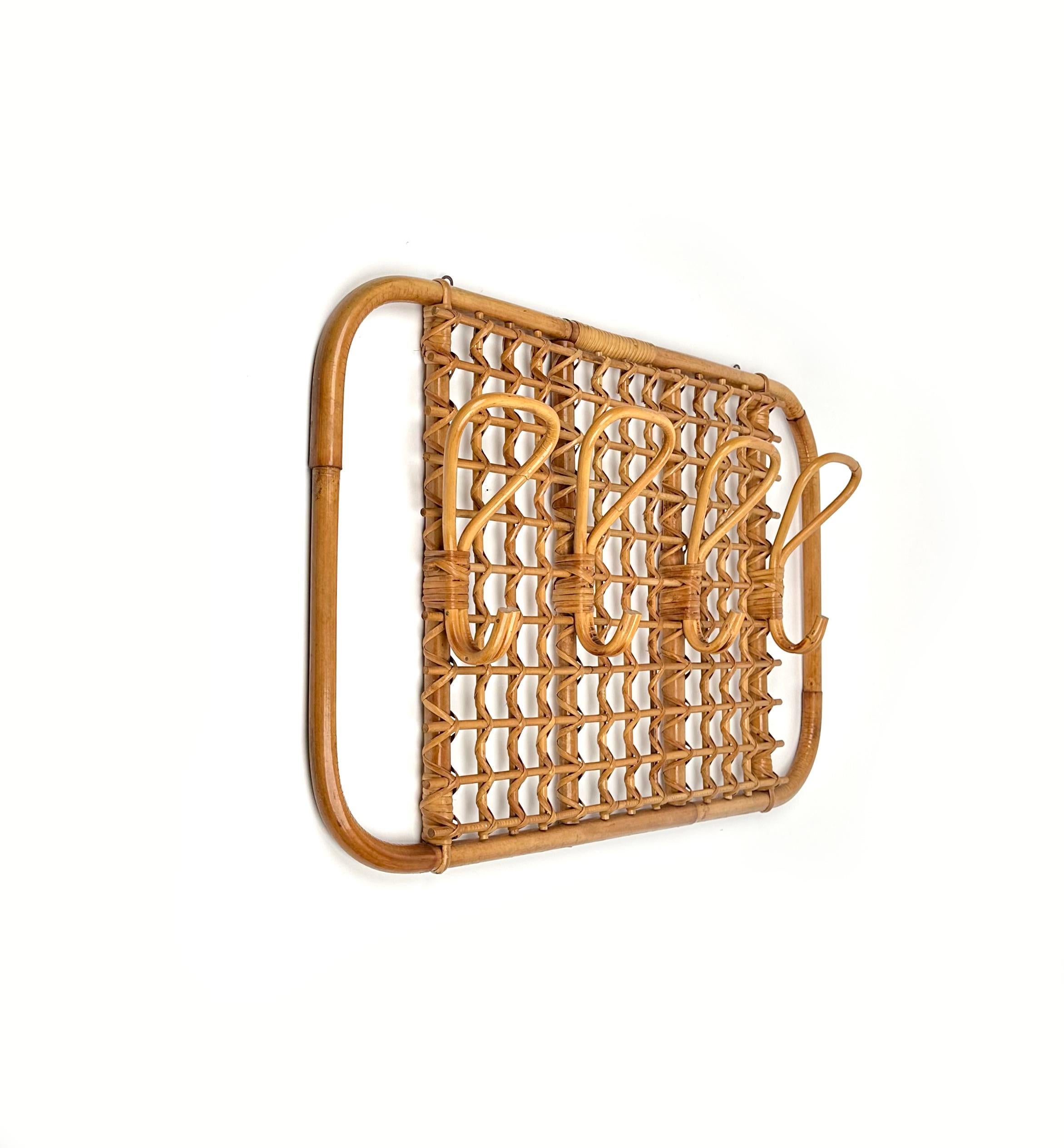 Italian Mid-Century Bamboo and Rattan Coat Rack Stand, Italy 1970s For Sale