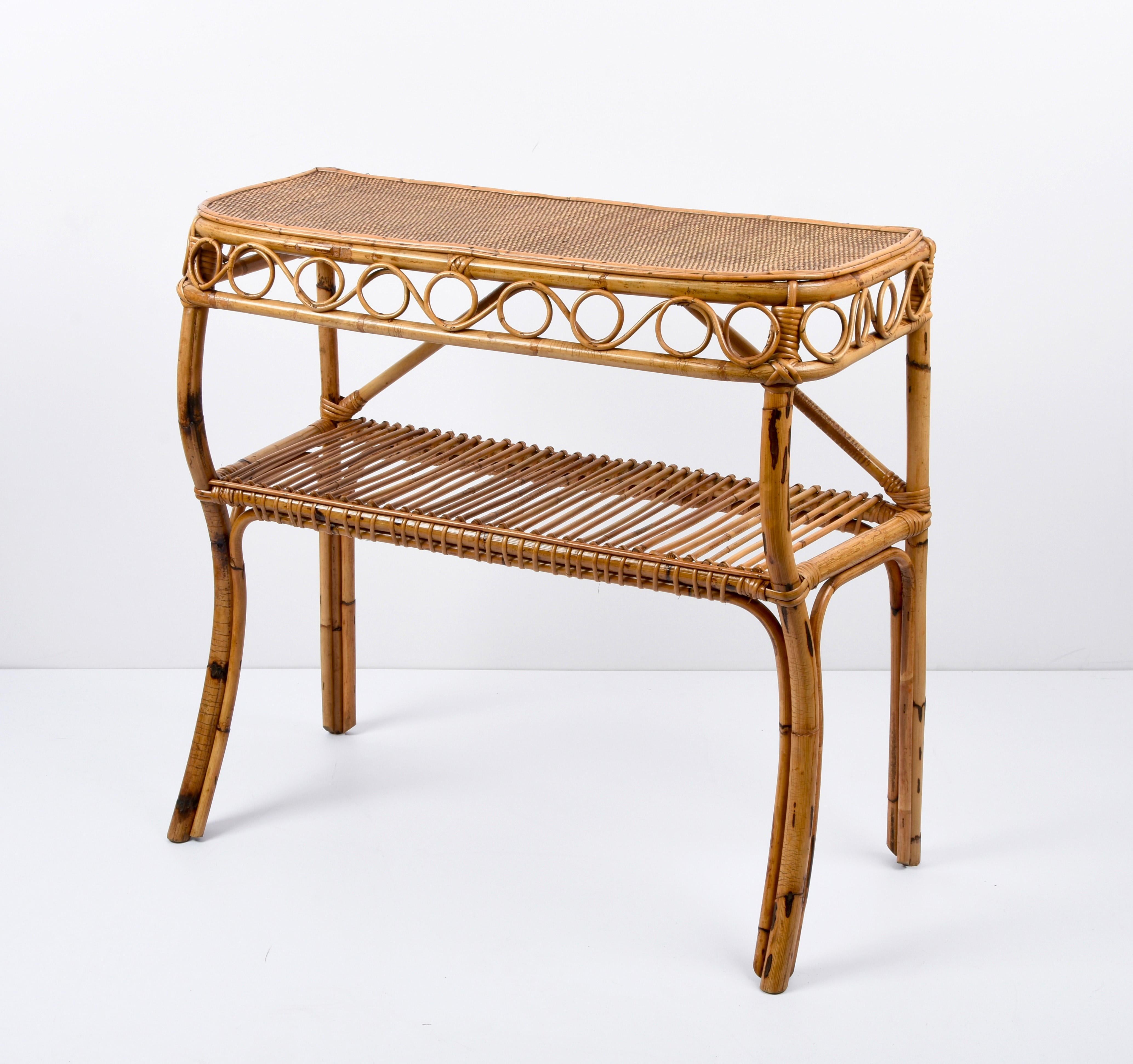 Midcentury Bamboo and Rattan Cocktail Console Table after Franco Albini, 1960s 5