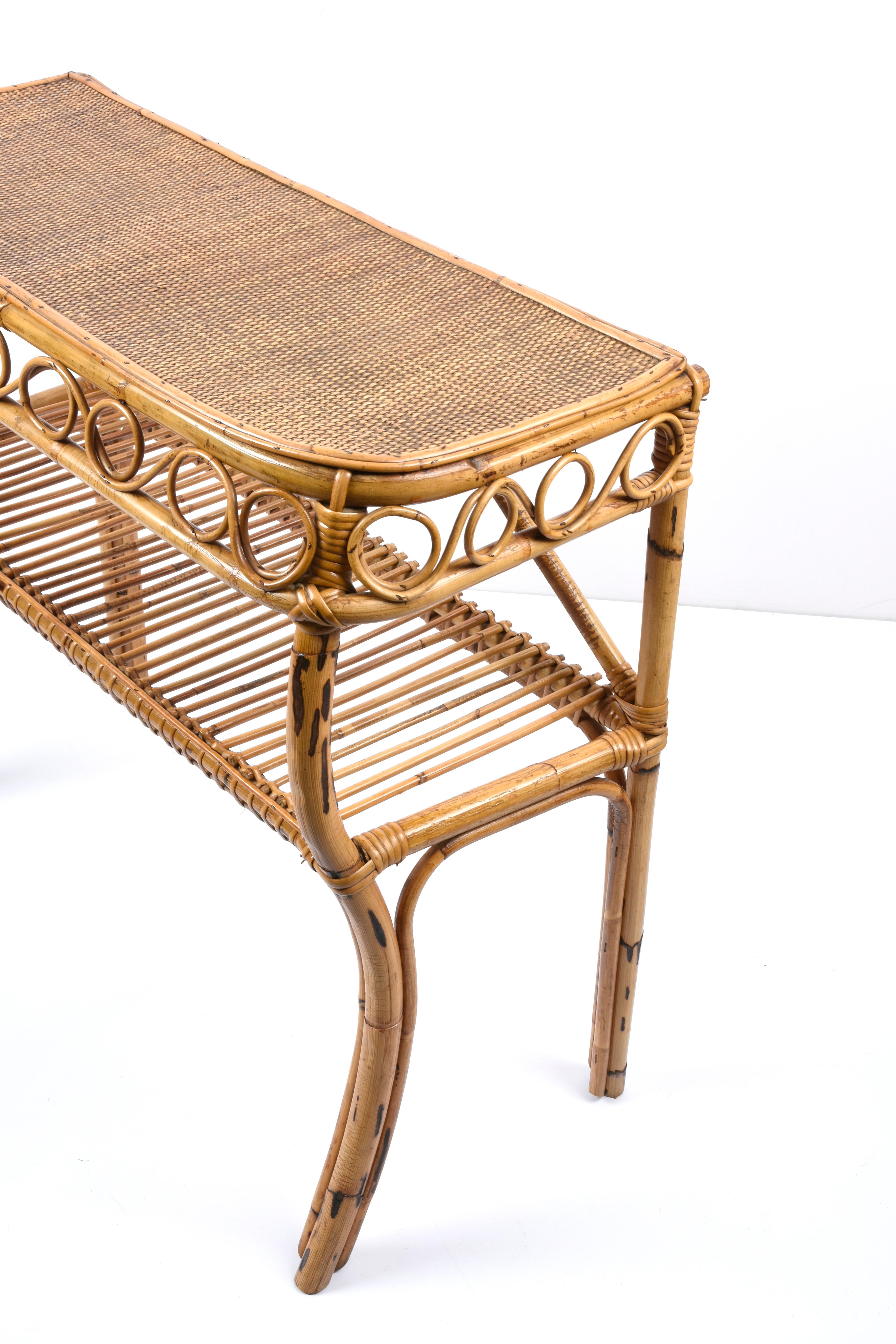 Midcentury Bamboo and Rattan Cocktail Console Table after Franco Albini, 1960s 8