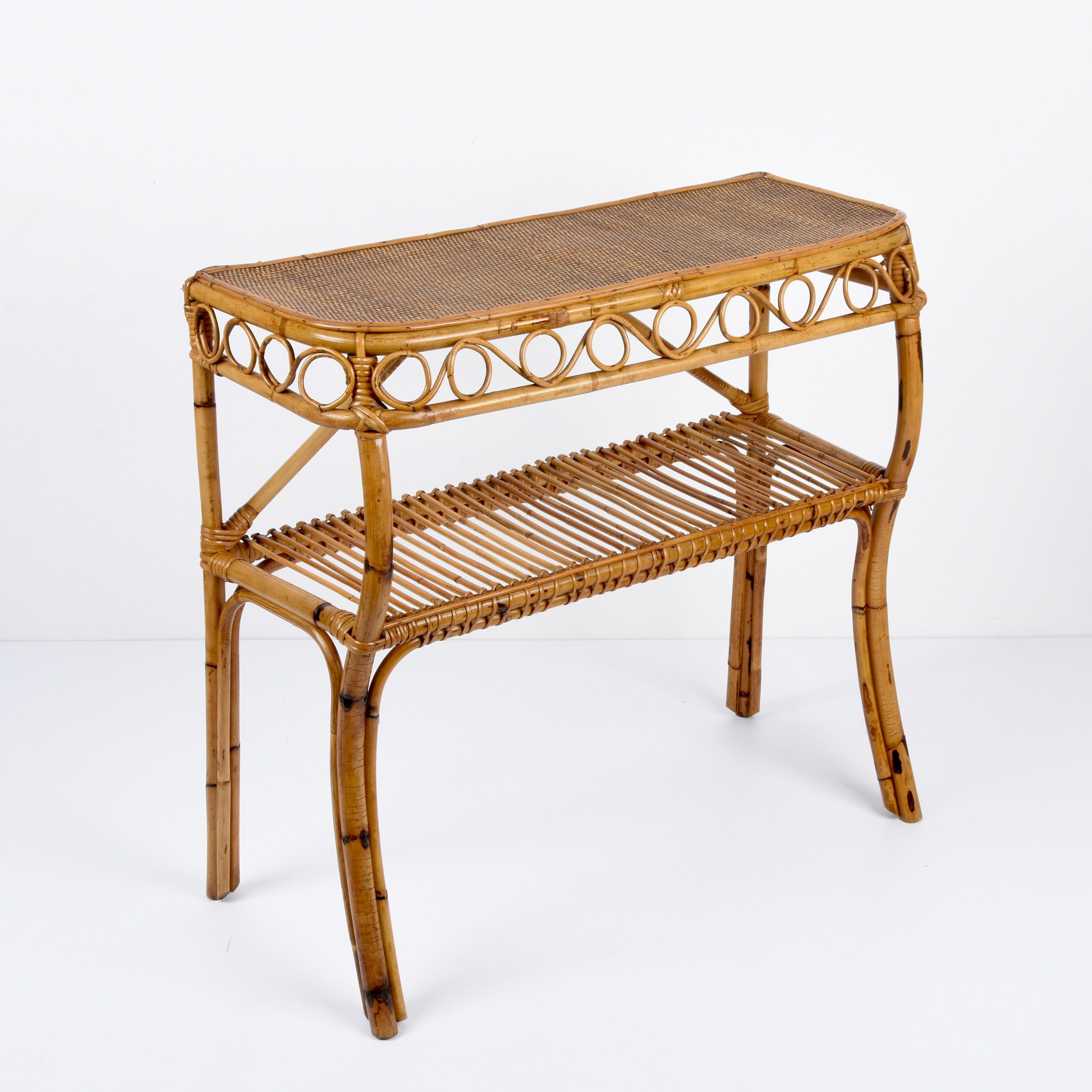 Midcentury Bamboo and Rattan Cocktail Console Table after Franco Albini, 1960s 13