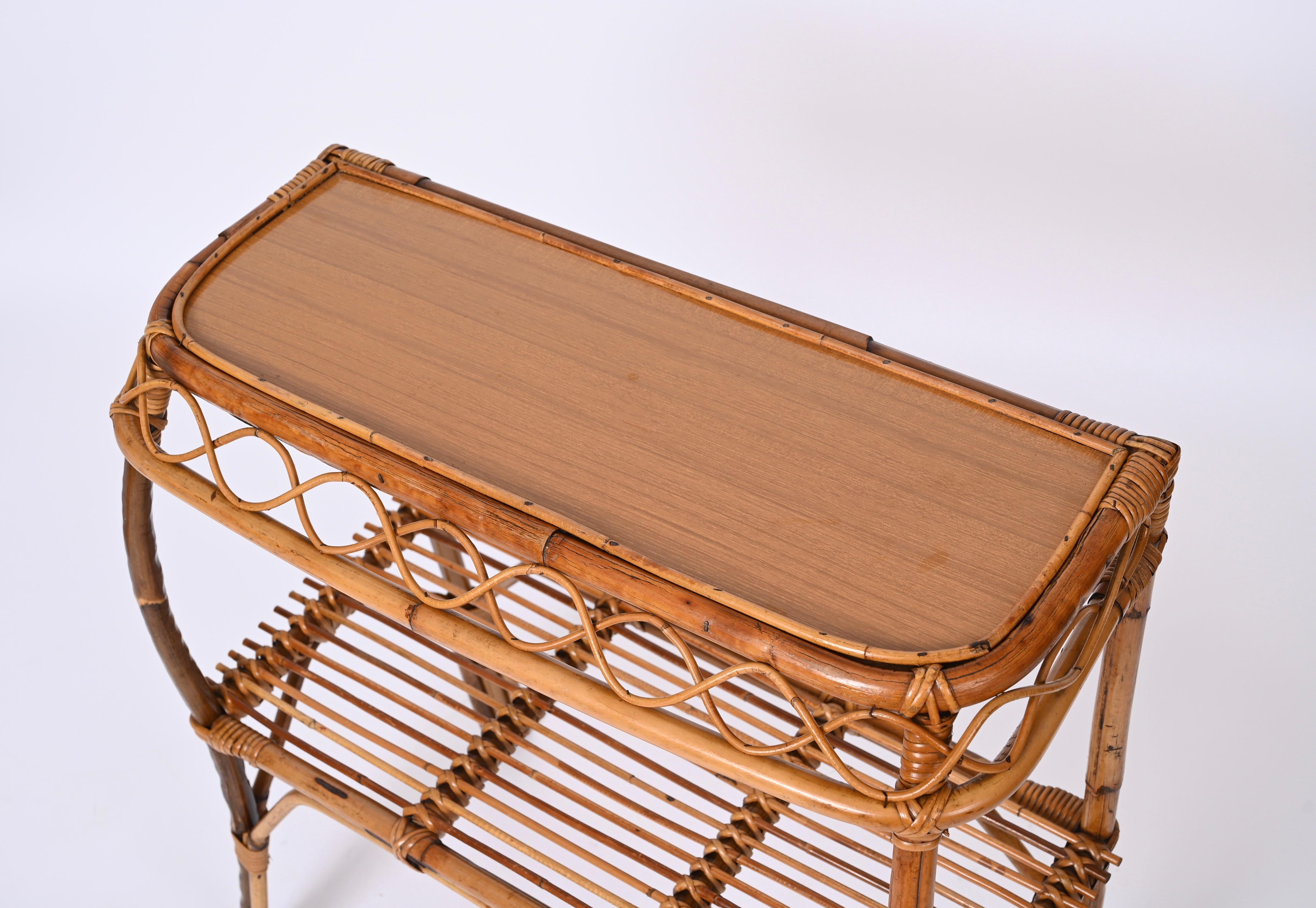 Midcentury Bamboo and Rattan Cocktail Console Table after Franco Albini, 1960s For Sale 11
