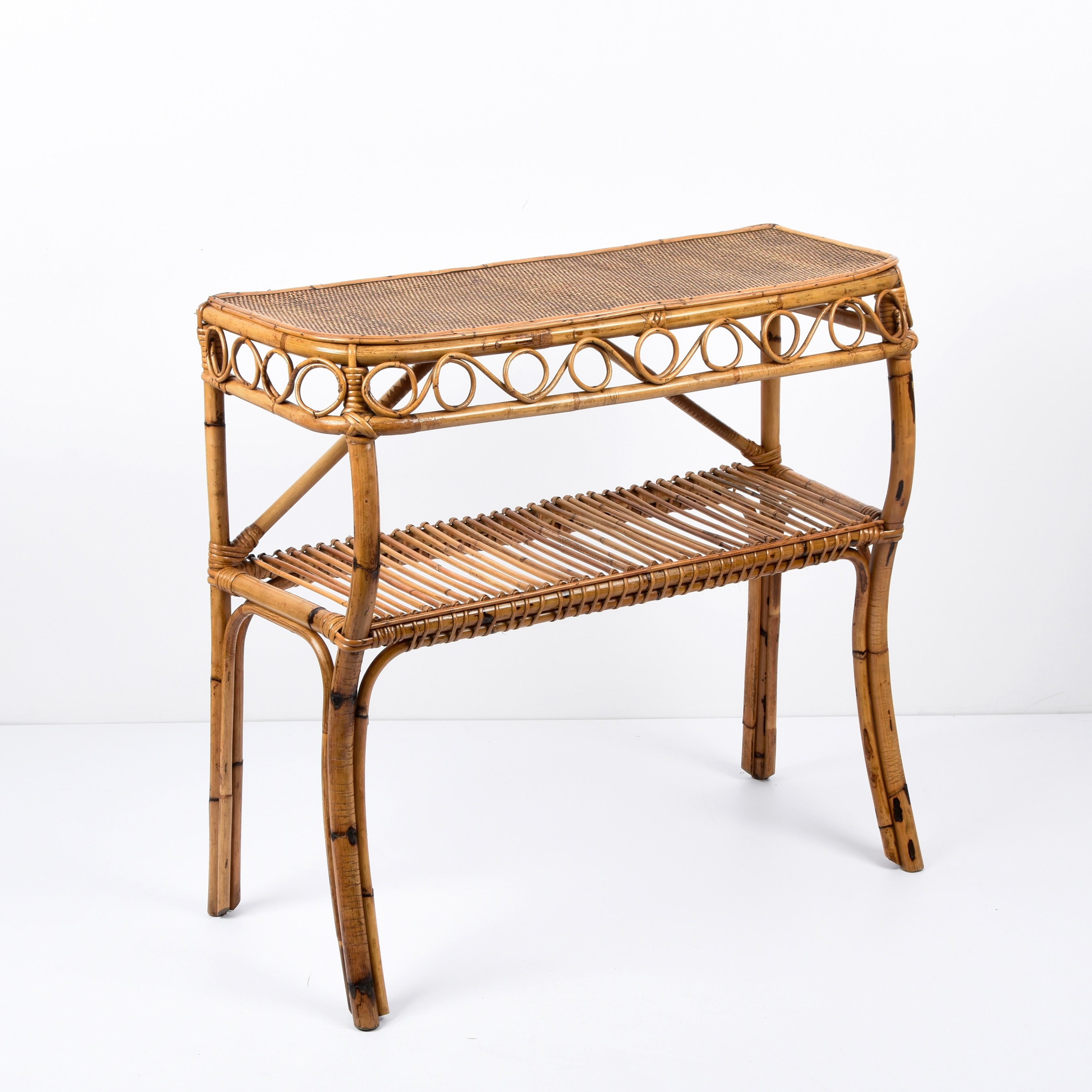 Mid-Century Modern Midcentury Bamboo and Rattan Cocktail Console Table after Franco Albini, 1960s