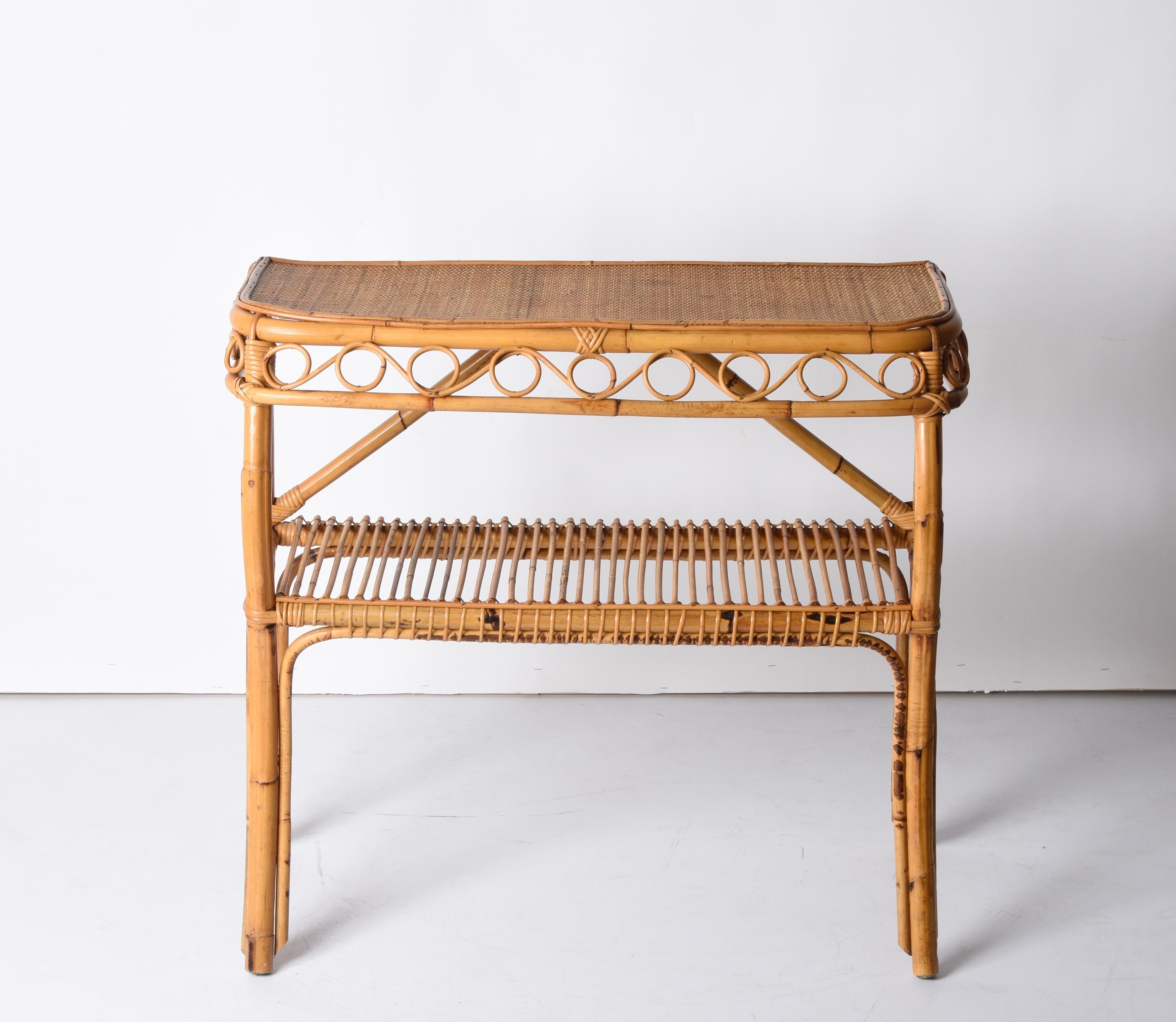 Mid-Century Modern Midcentury Bamboo and Rattan Cocktail Console Table after Franco Albini, 1960s