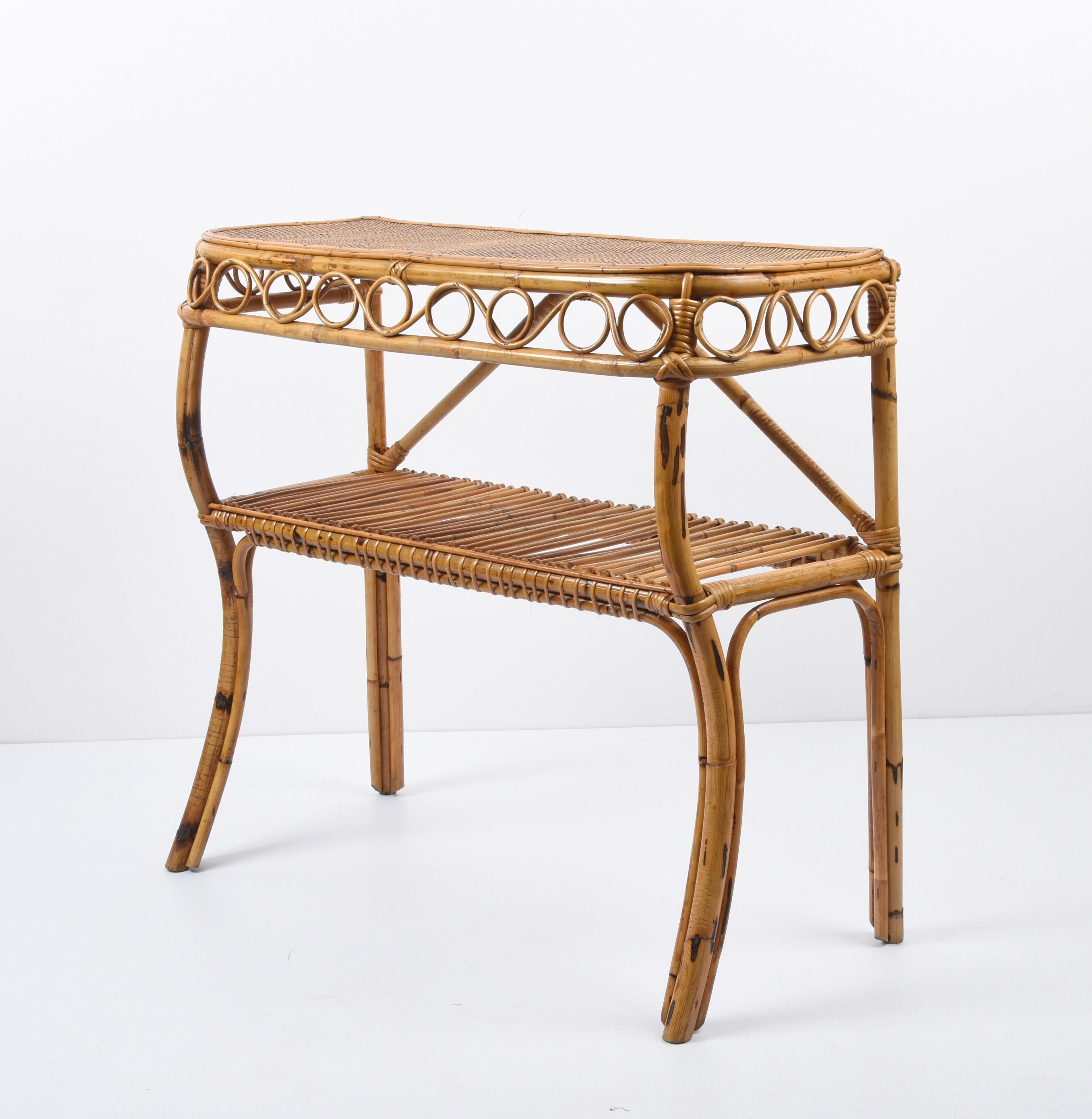 Italian Midcentury Bamboo and Rattan Cocktail Console Table after Franco Albini, 1960s