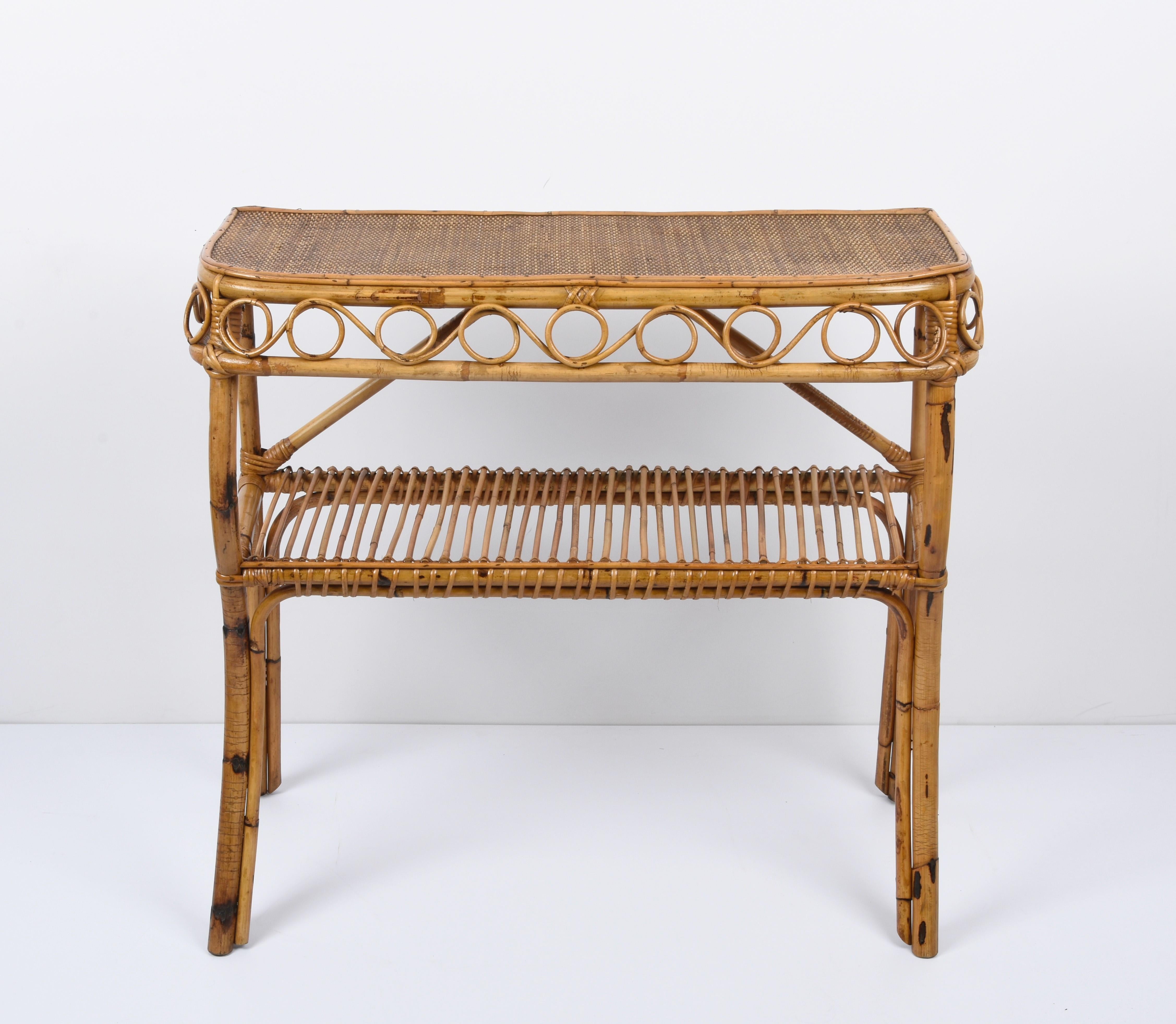 Midcentury Bamboo and Rattan Cocktail Console Table after Franco Albini, 1960s In Good Condition In Roma, IT