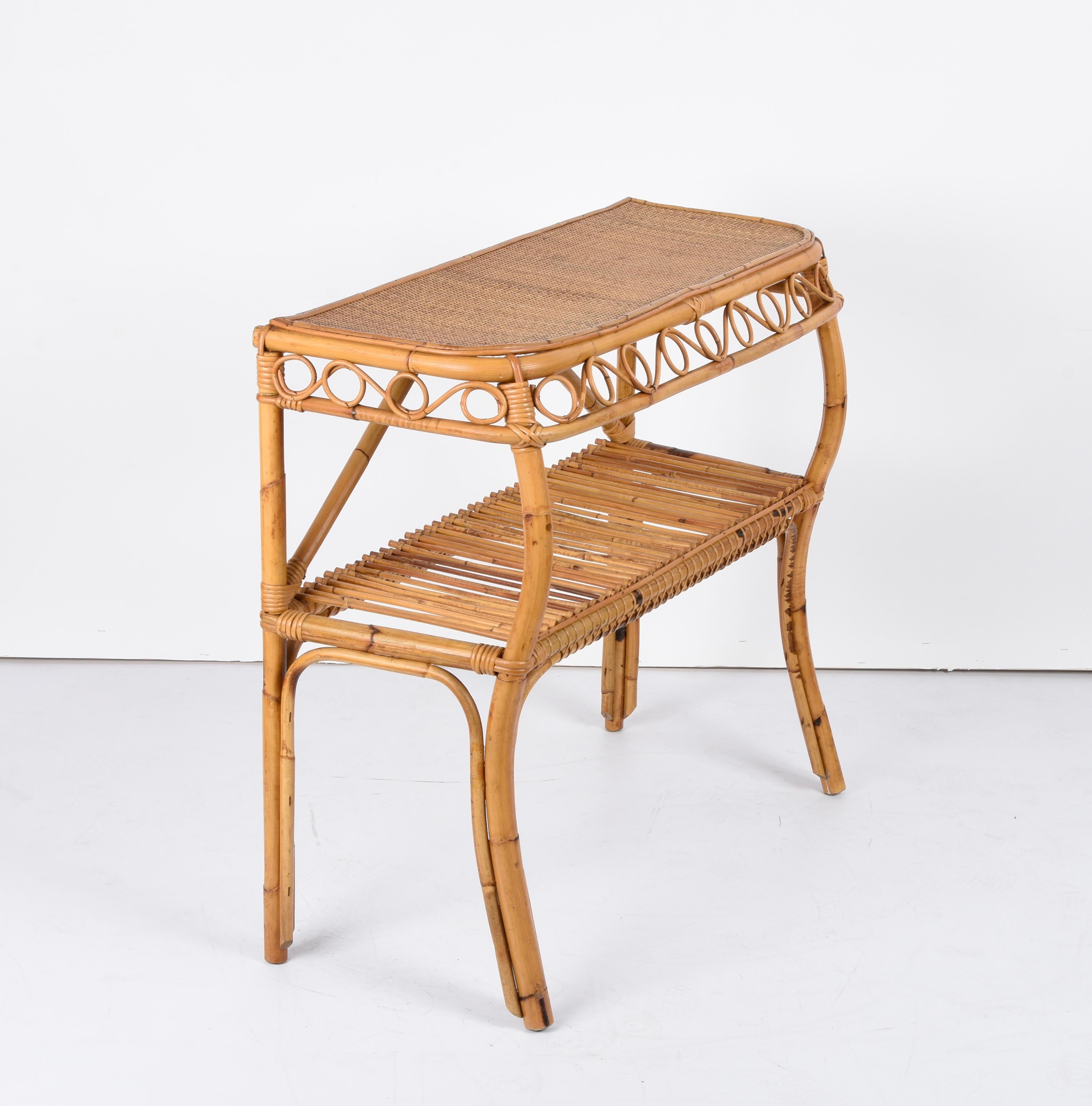 Midcentury Bamboo and Rattan Cocktail Console Table after Franco Albini, 1960s 1