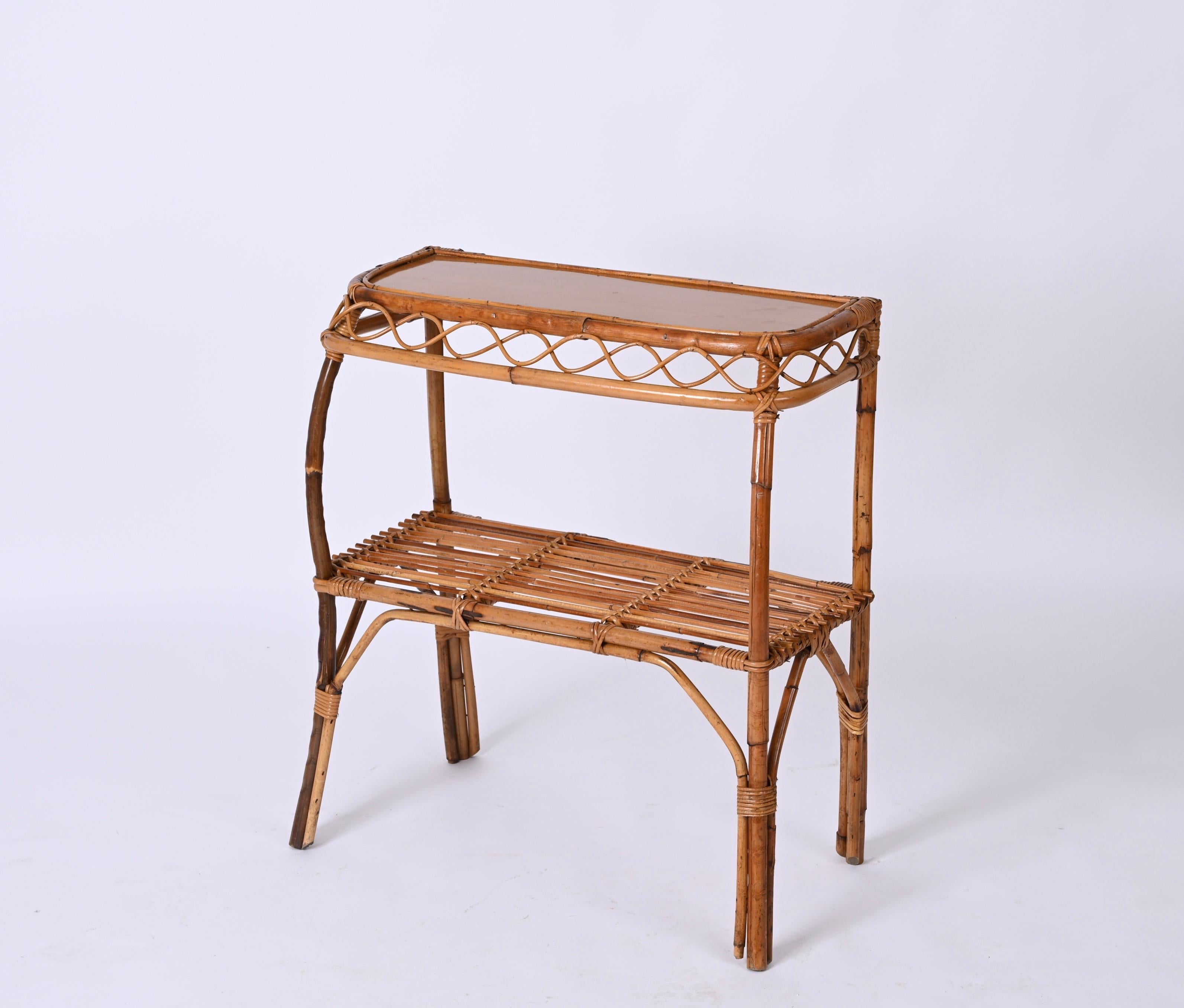 Italian Midcentury Bamboo and Rattan Cocktail Console Table after Franco Albini, 1960s For Sale