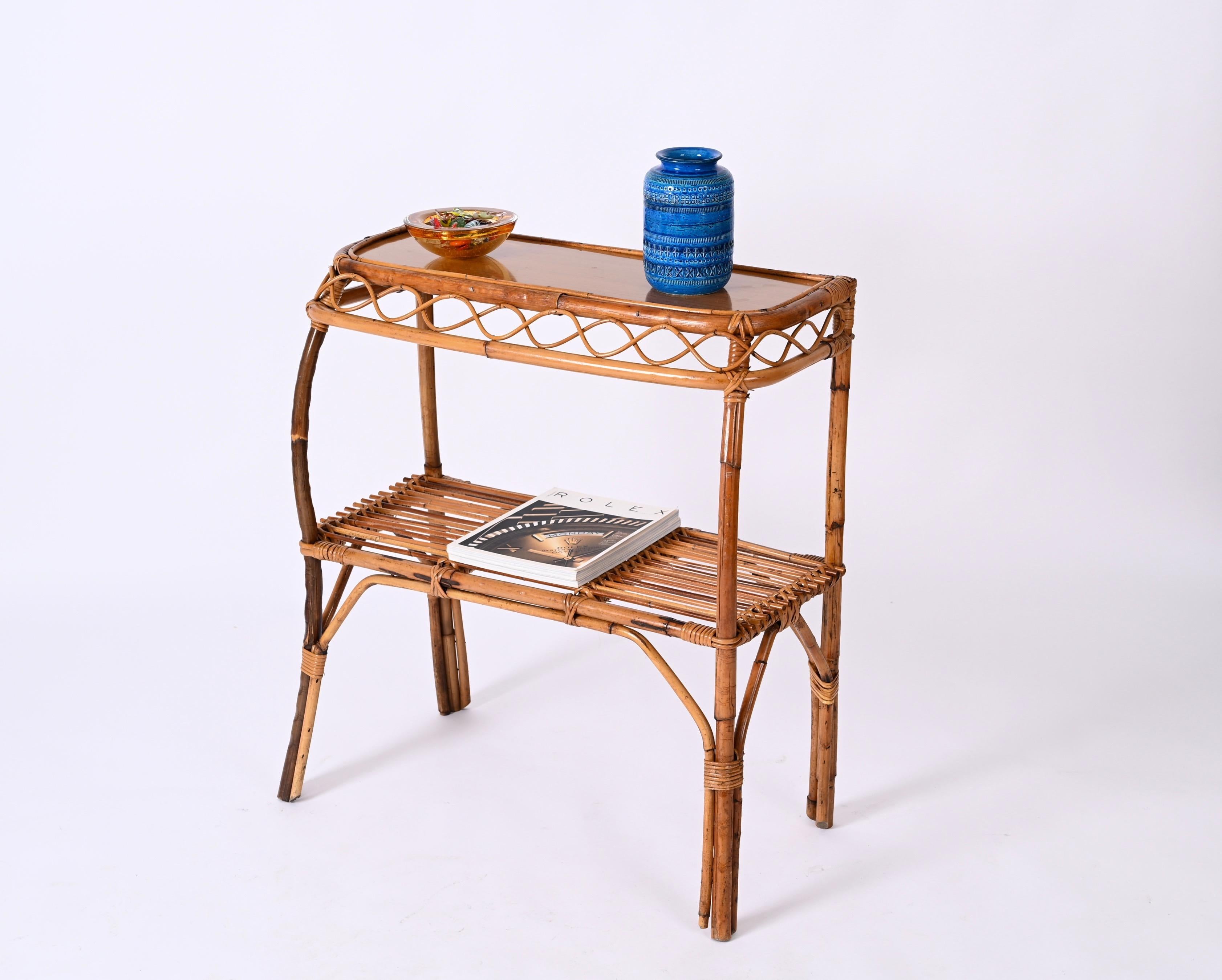 Midcentury Bamboo and Rattan Cocktail Console Table after Franco Albini, 1960s In Good Condition For Sale In Roma, IT