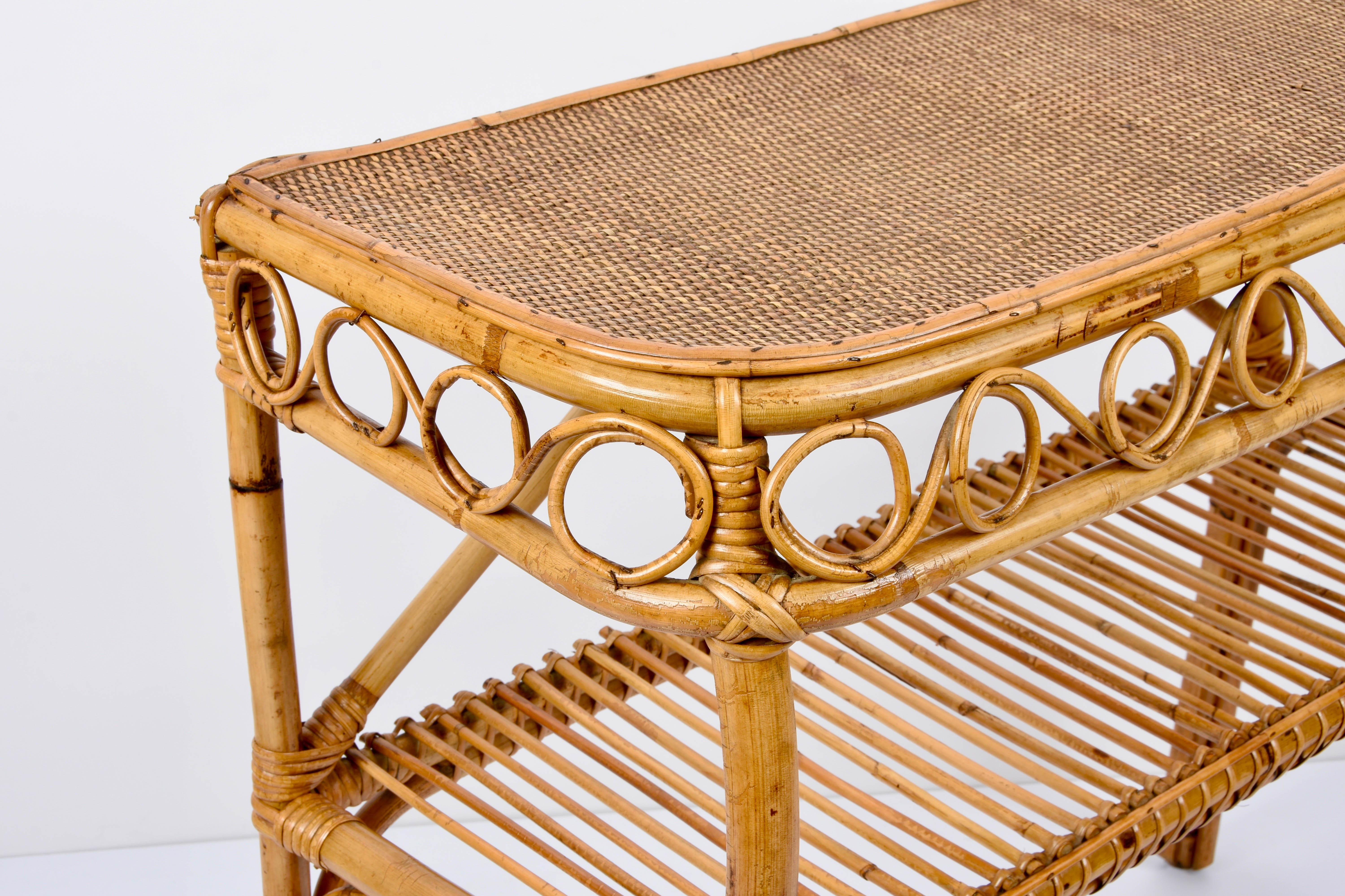 Midcentury Bamboo and Rattan Cocktail Console Table after Franco Albini, 1960s 3