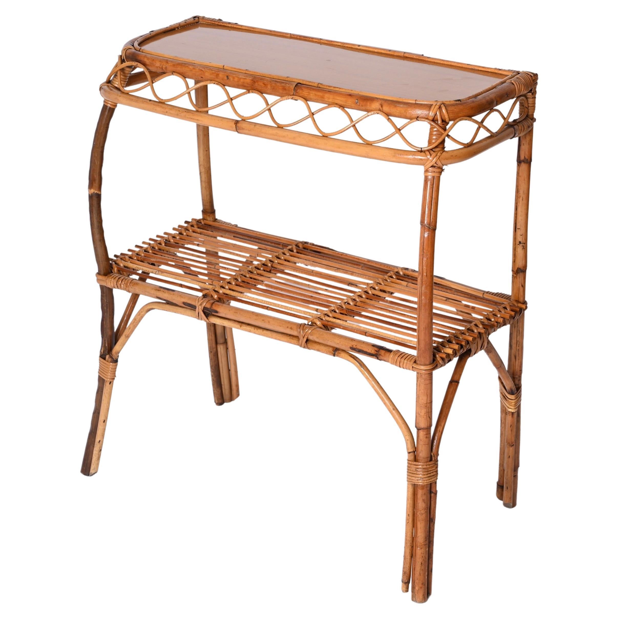 Midcentury Bamboo and Rattan Cocktail Console Table after Franco Albini, 1960s For Sale