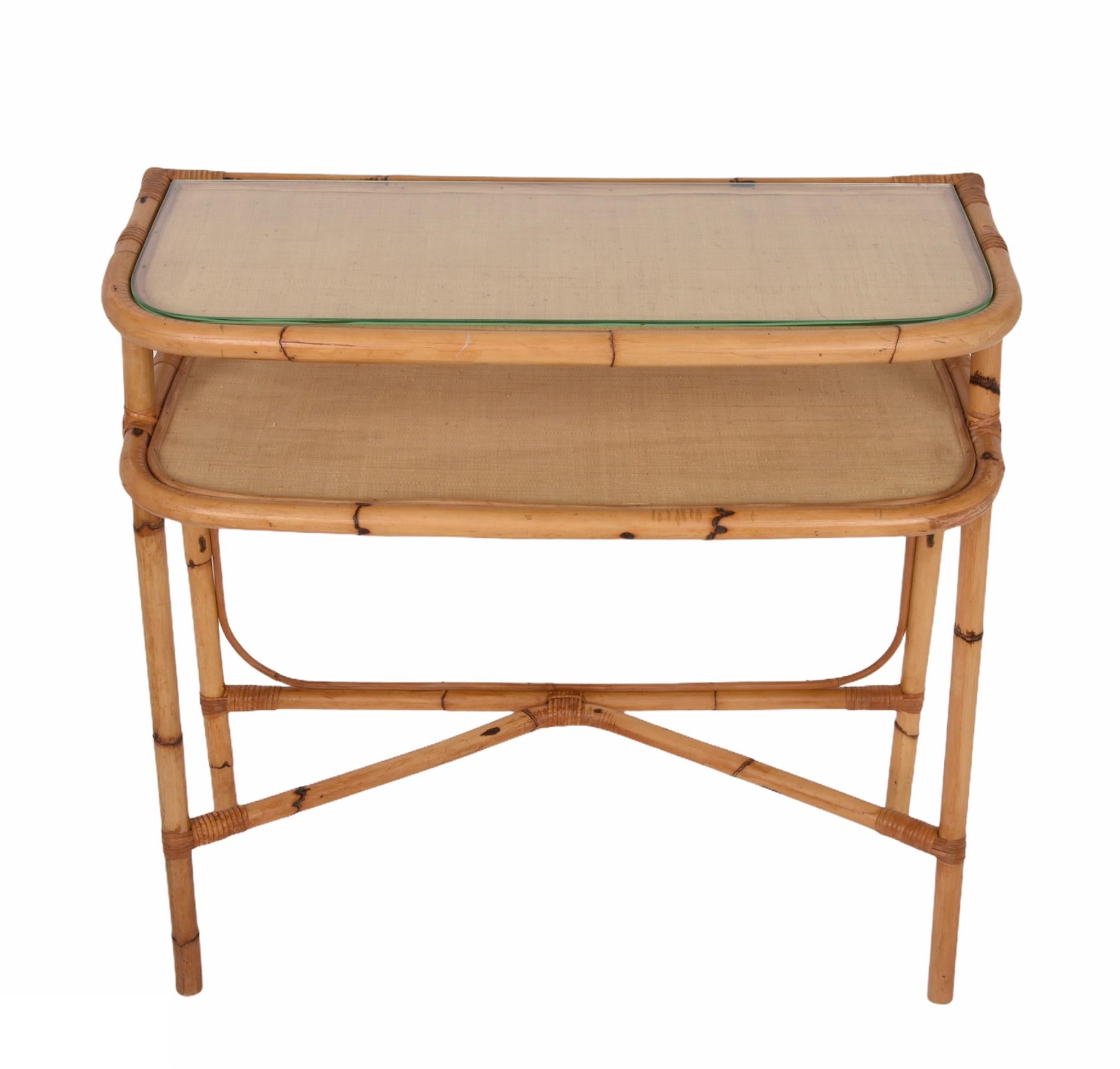 Mid-Century Modern Midcentury Bamboo and Rattan Cocktail Console Table after Franco Albini, 1970s