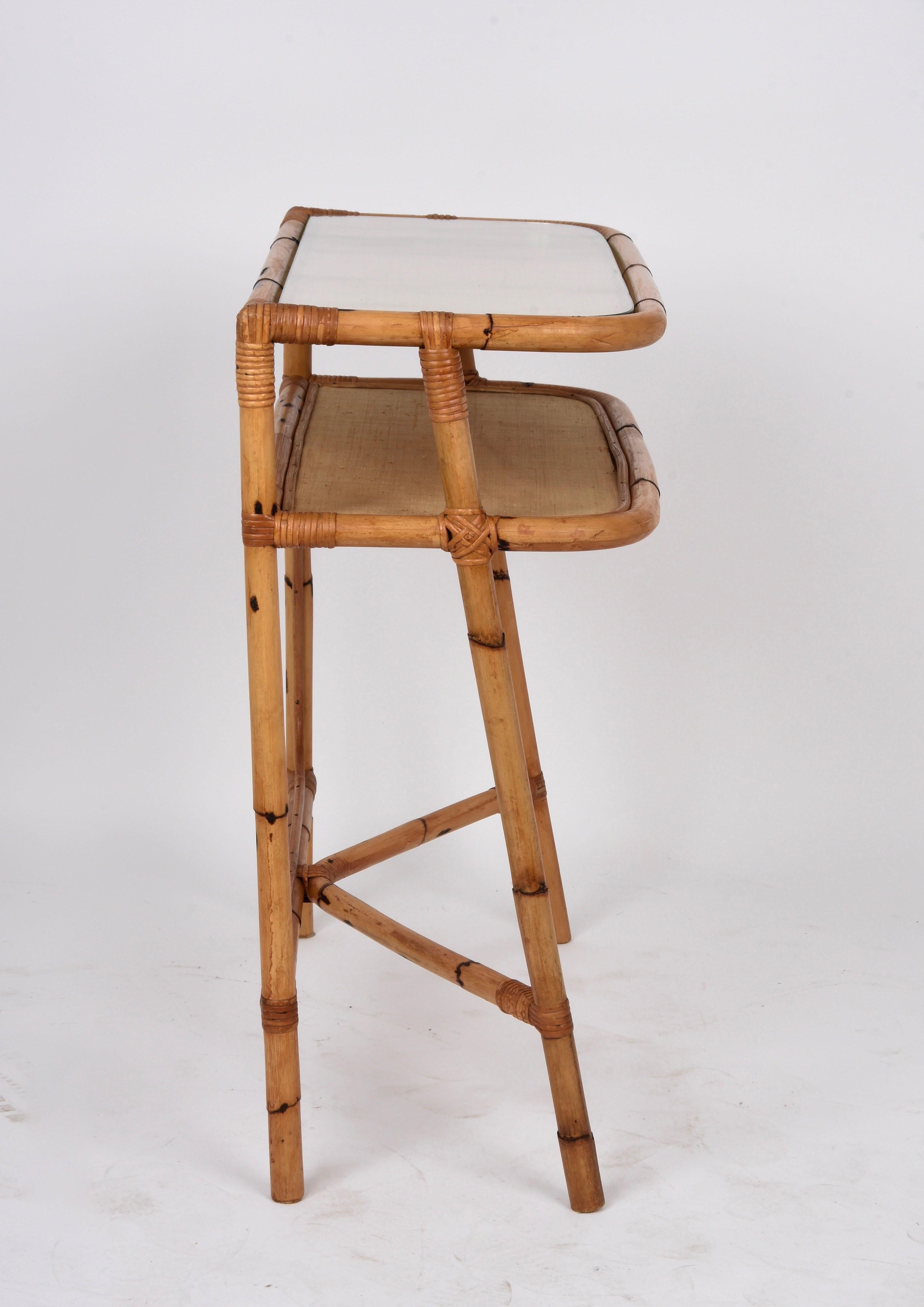 Italian Midcentury Bamboo and Rattan Cocktail Console Table after Franco Albini, 1970s