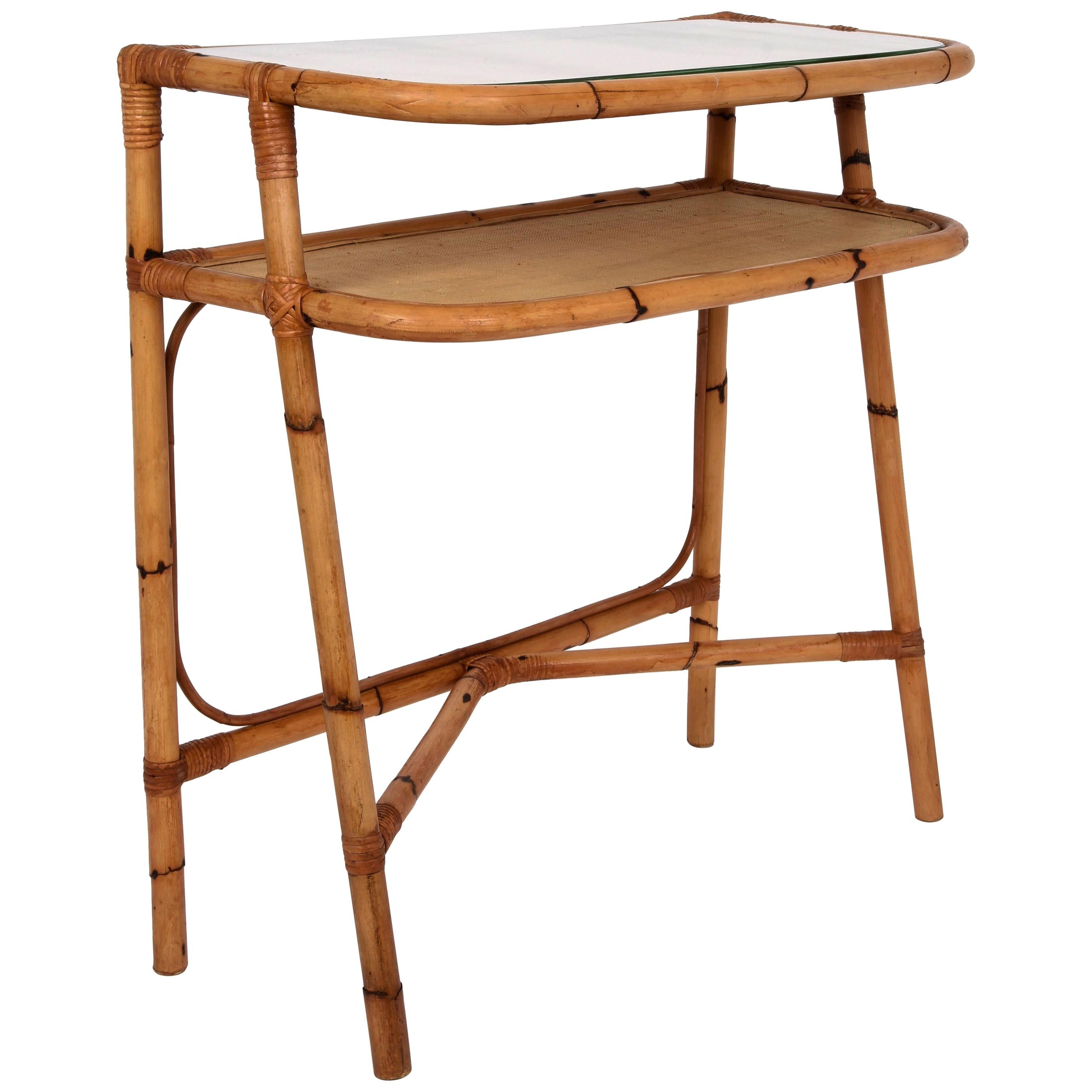 Midcentury Bamboo and Rattan Cocktail Console Table after Franco Albini, 1970s