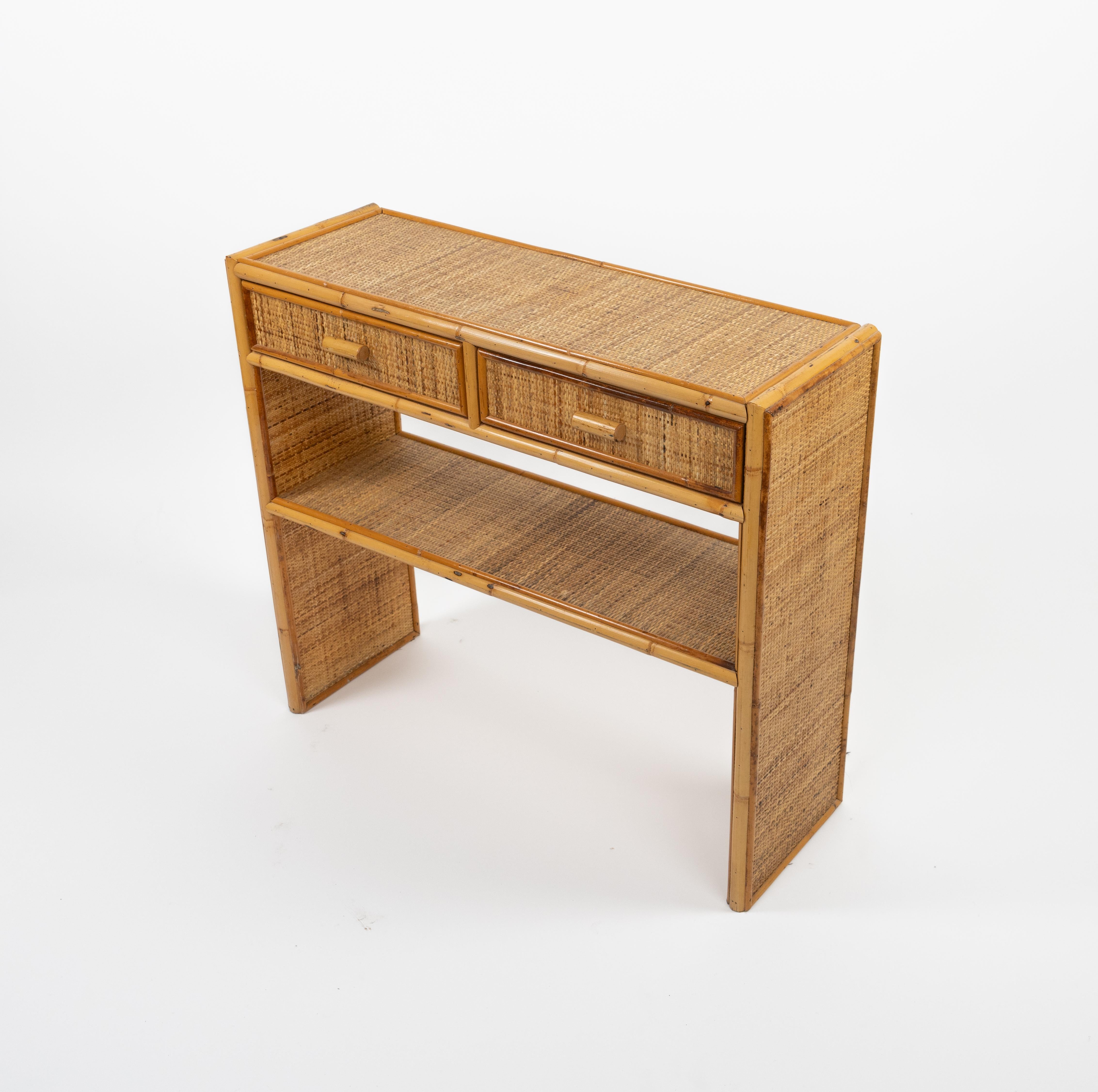 Midcentury Bamboo and Rattan Console Table with Drawers, Italy 1970s For Sale 4