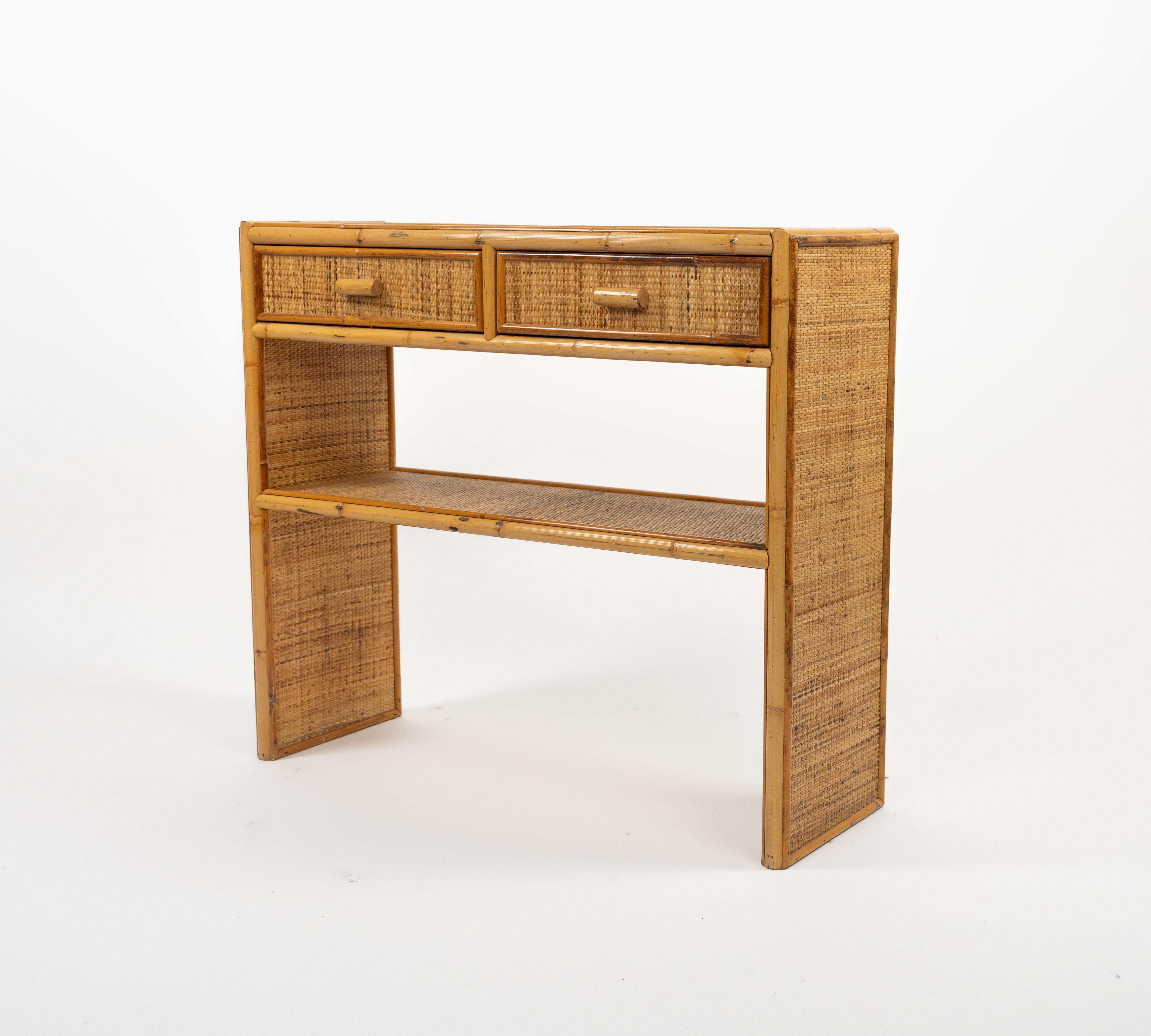 Midcentury Bamboo and Rattan Console Table with Drawers, Italy 1970s For Sale 5