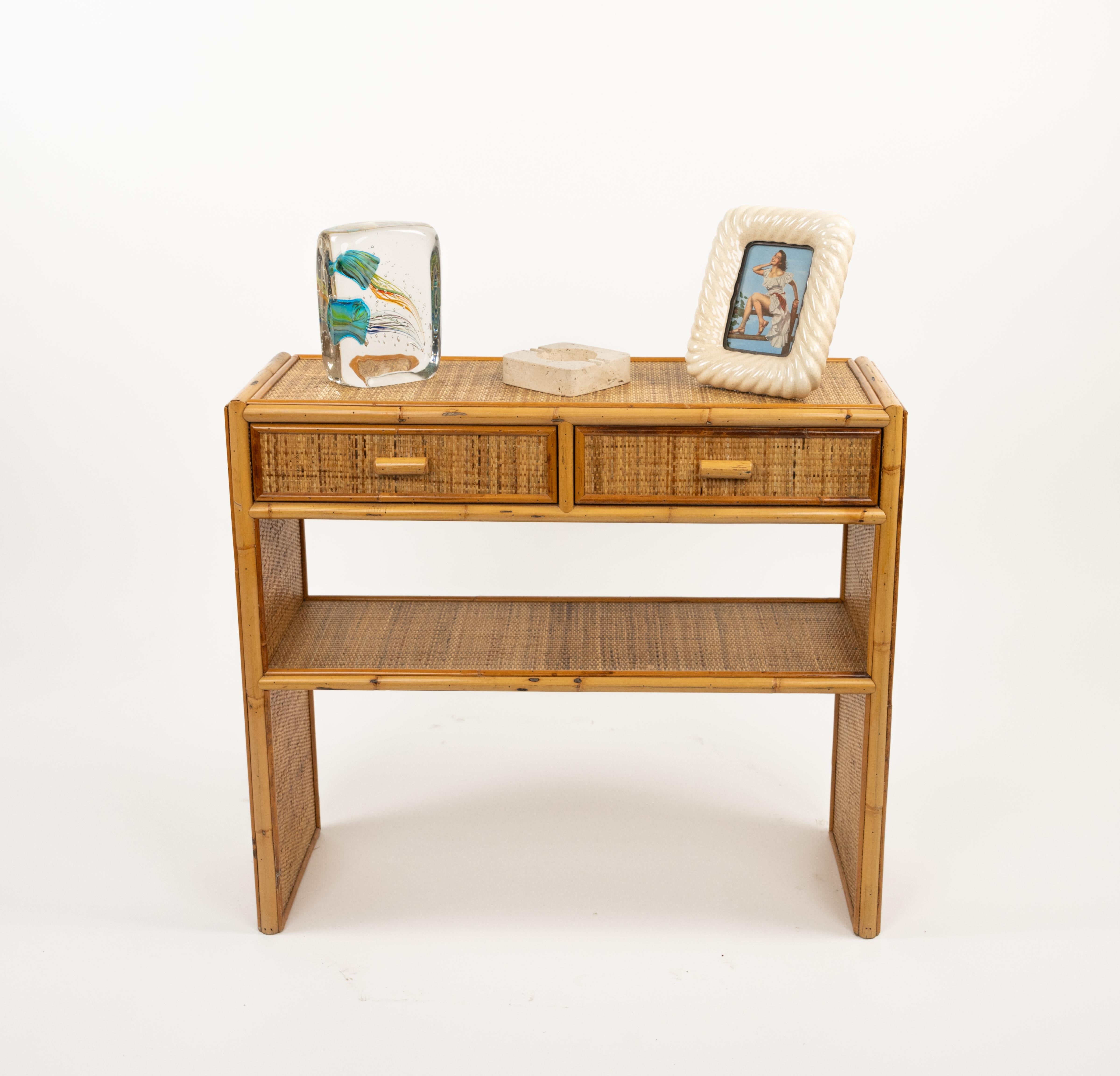 Midcentury Bamboo and Rattan Console Table with Drawers, Italy 1970s For Sale 6