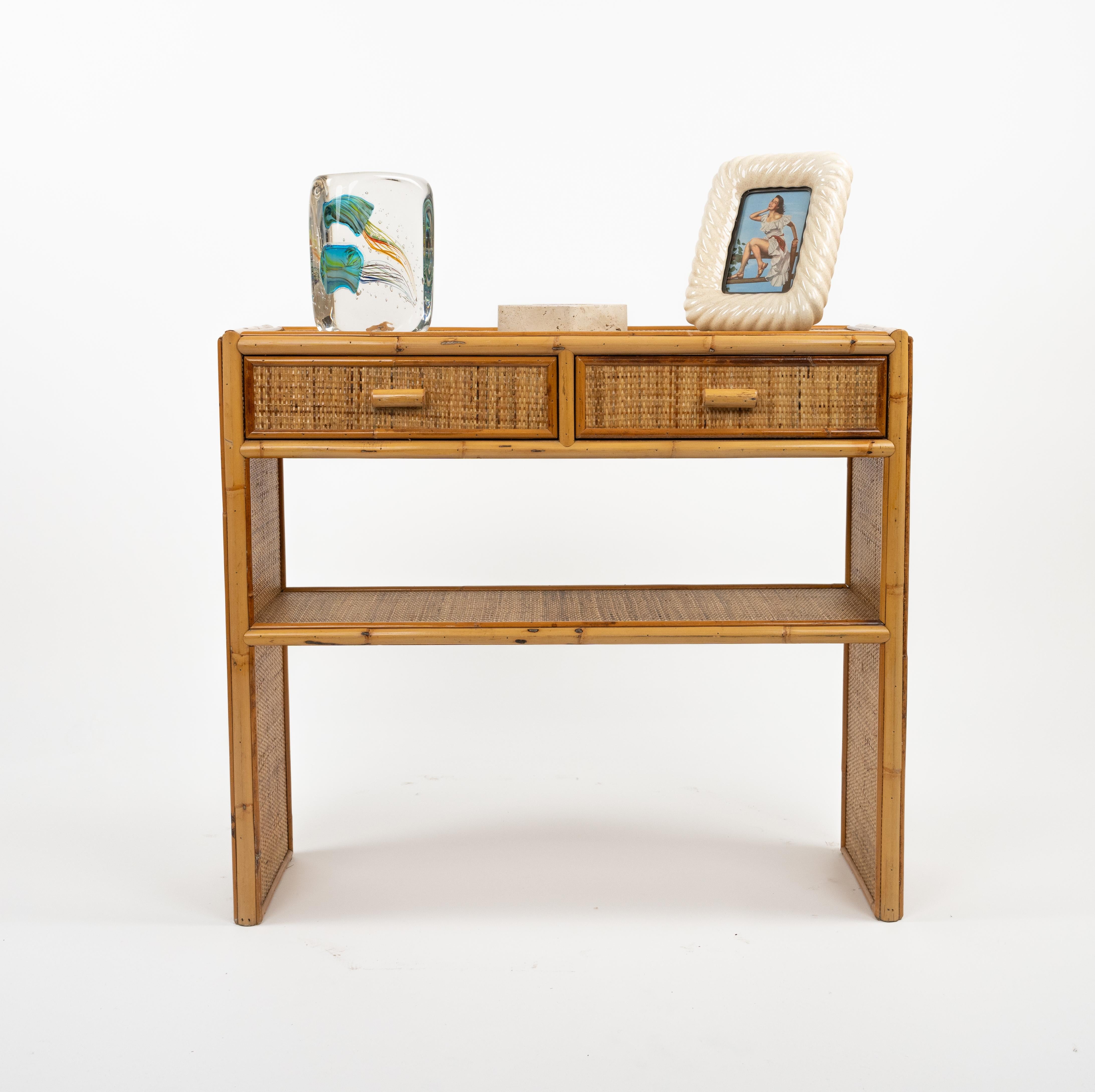 Midcentury Bamboo and Rattan Console Table with Drawers, Italy 1970s For Sale 7