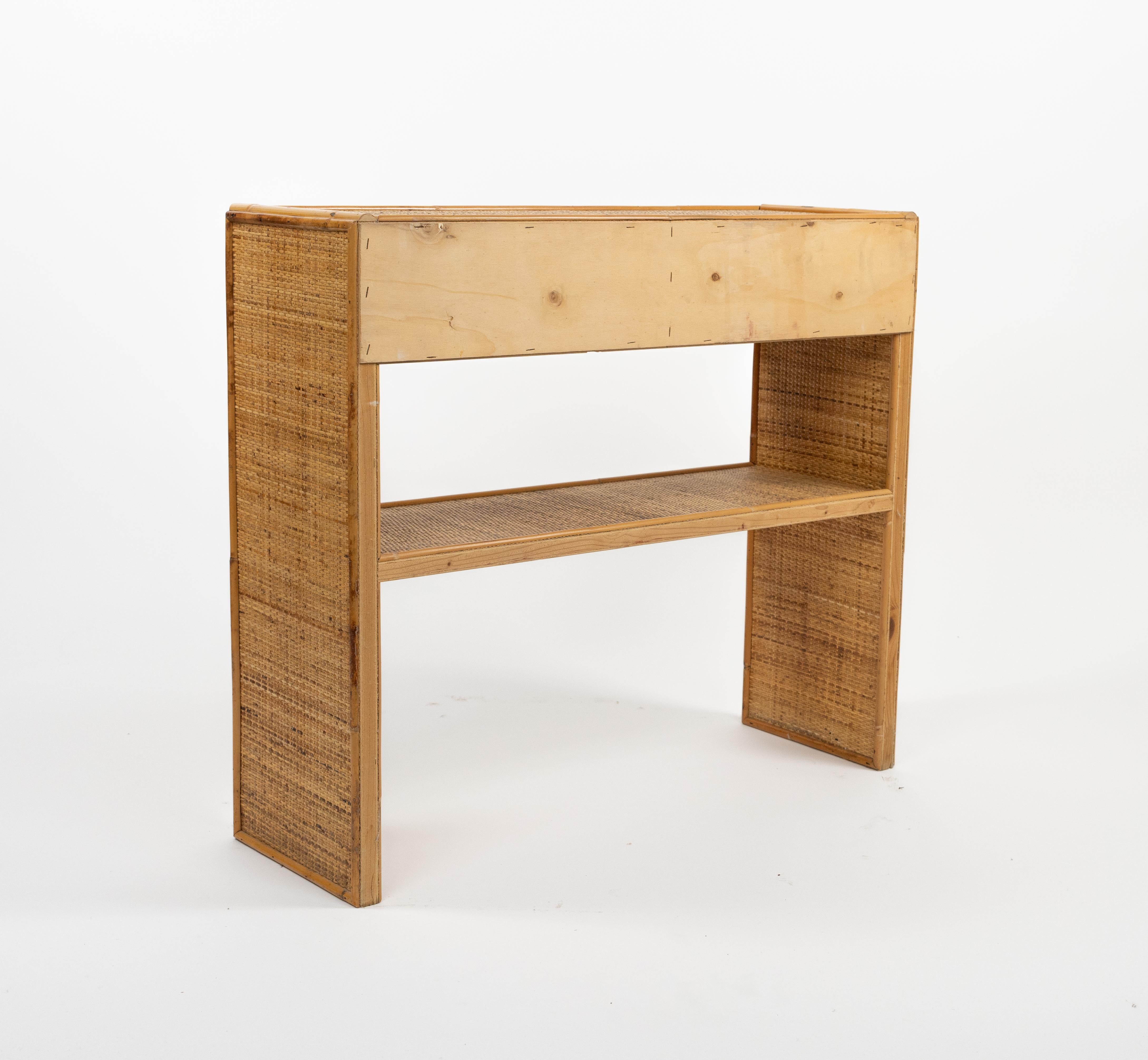 Midcentury Bamboo and Rattan Console Table with Drawers, Italy 1970s For Sale 9