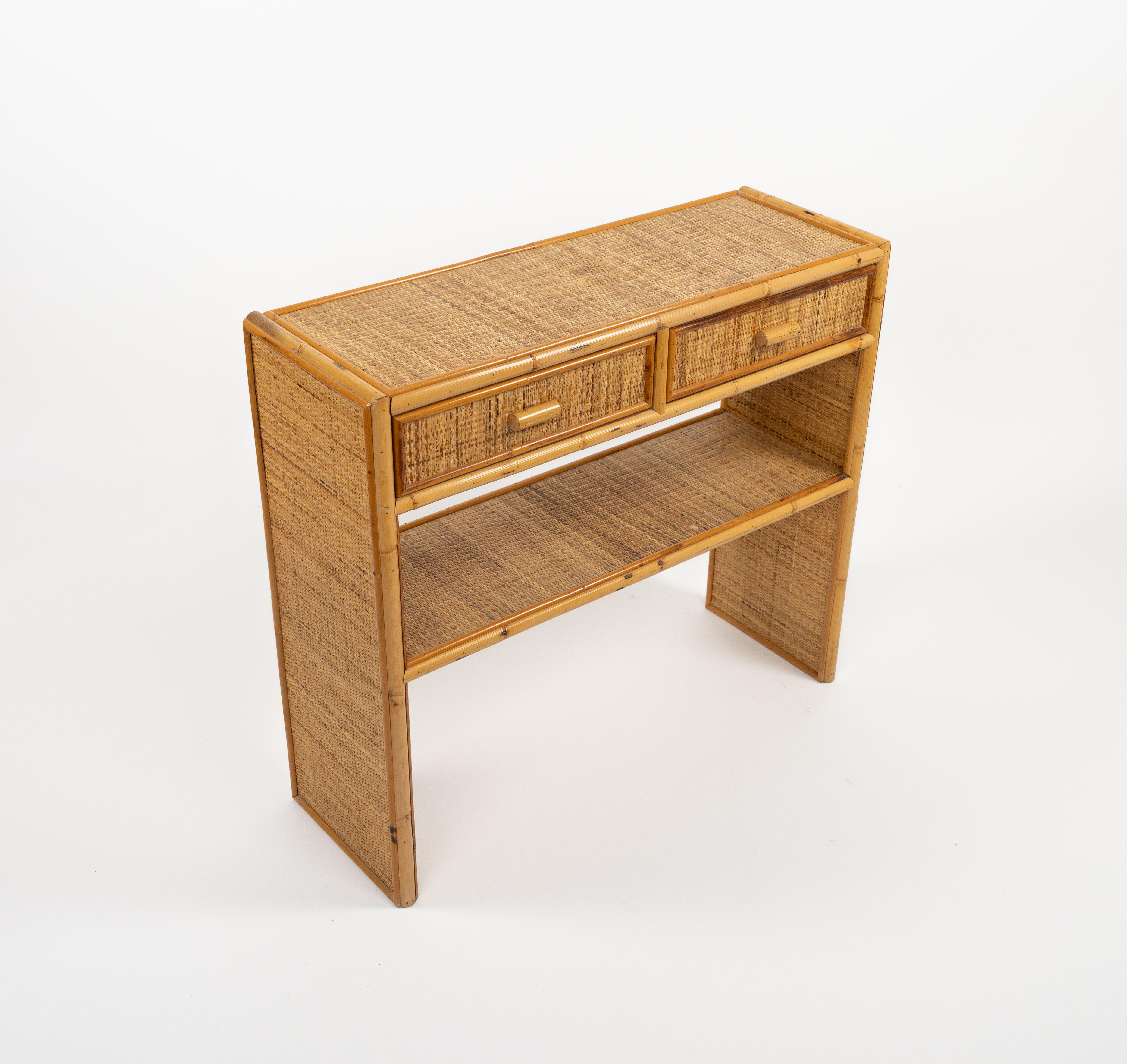 Mid-Century Modern Midcentury Bamboo and Rattan Console Table with Drawers, Italy 1970s For Sale